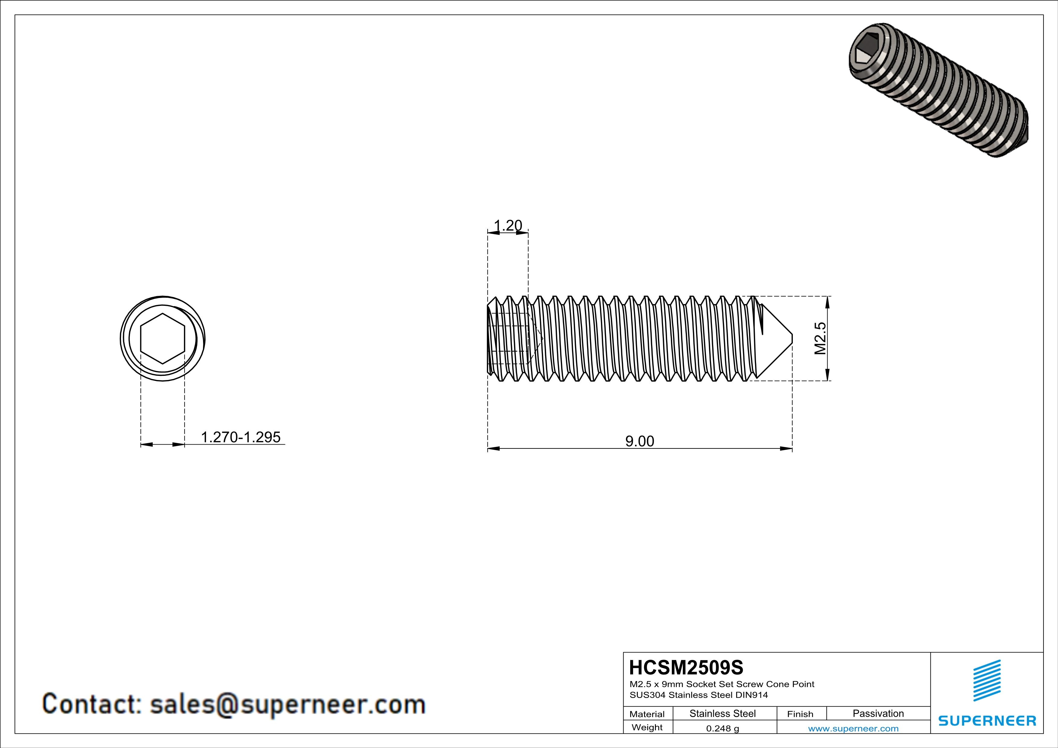 M2.5 x 9mm Socket Set Screw Cone Point SUS304 Stainless Steel Inox DIN914