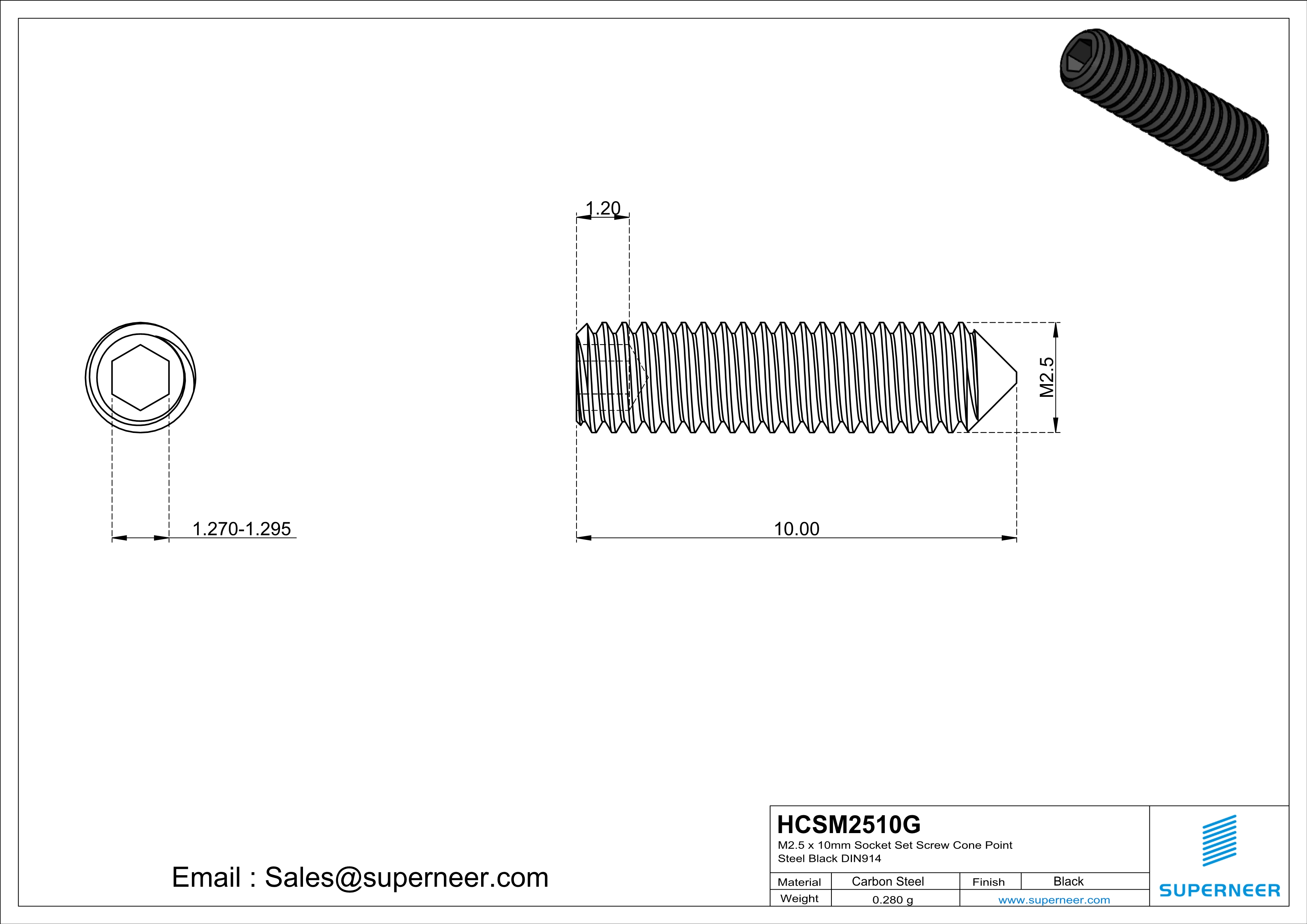 M2.5 x 10mm Socket Set Screw Cone Point 12.9 Carbon Steel Black DIN914