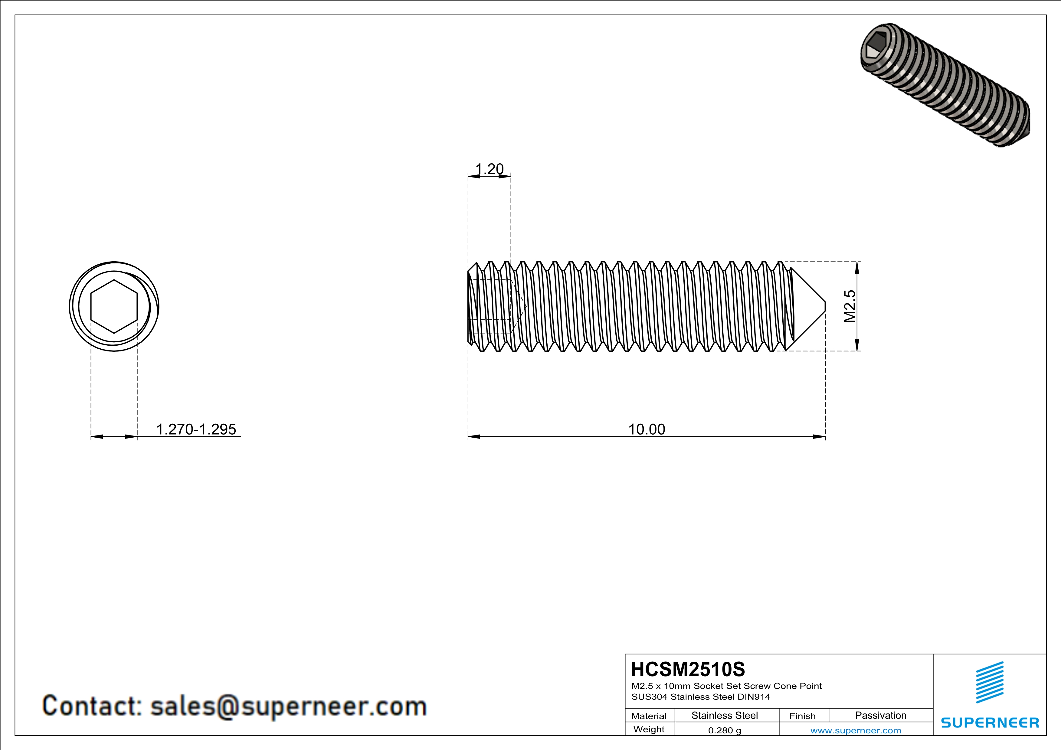 M2.5 x 10mm Socket Set Screw Cone Point SUS304 Stainless Steel Inox DIN914