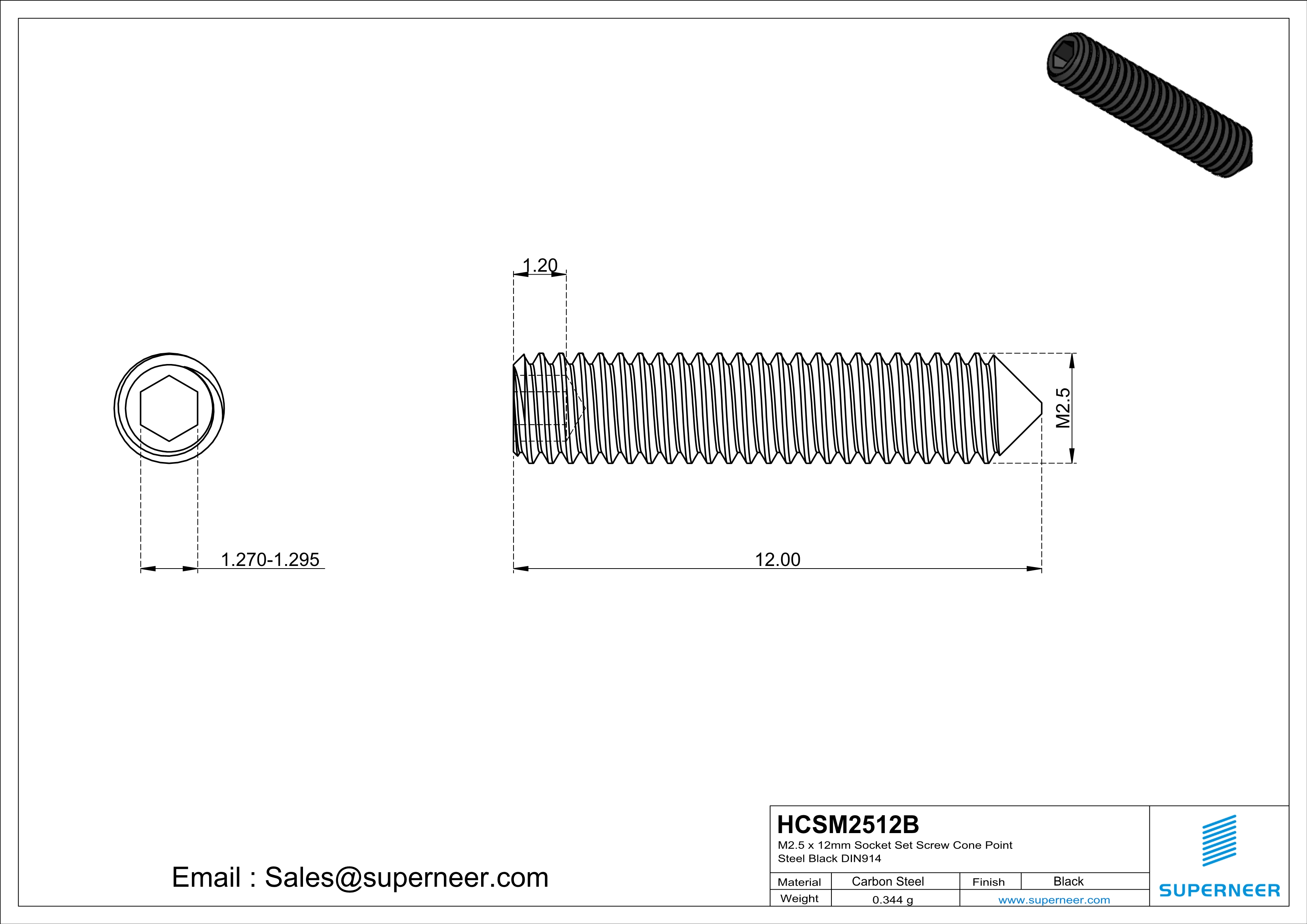 M2.5 x 12mm Socket Set Screw Cone Point Steel Black DIN914