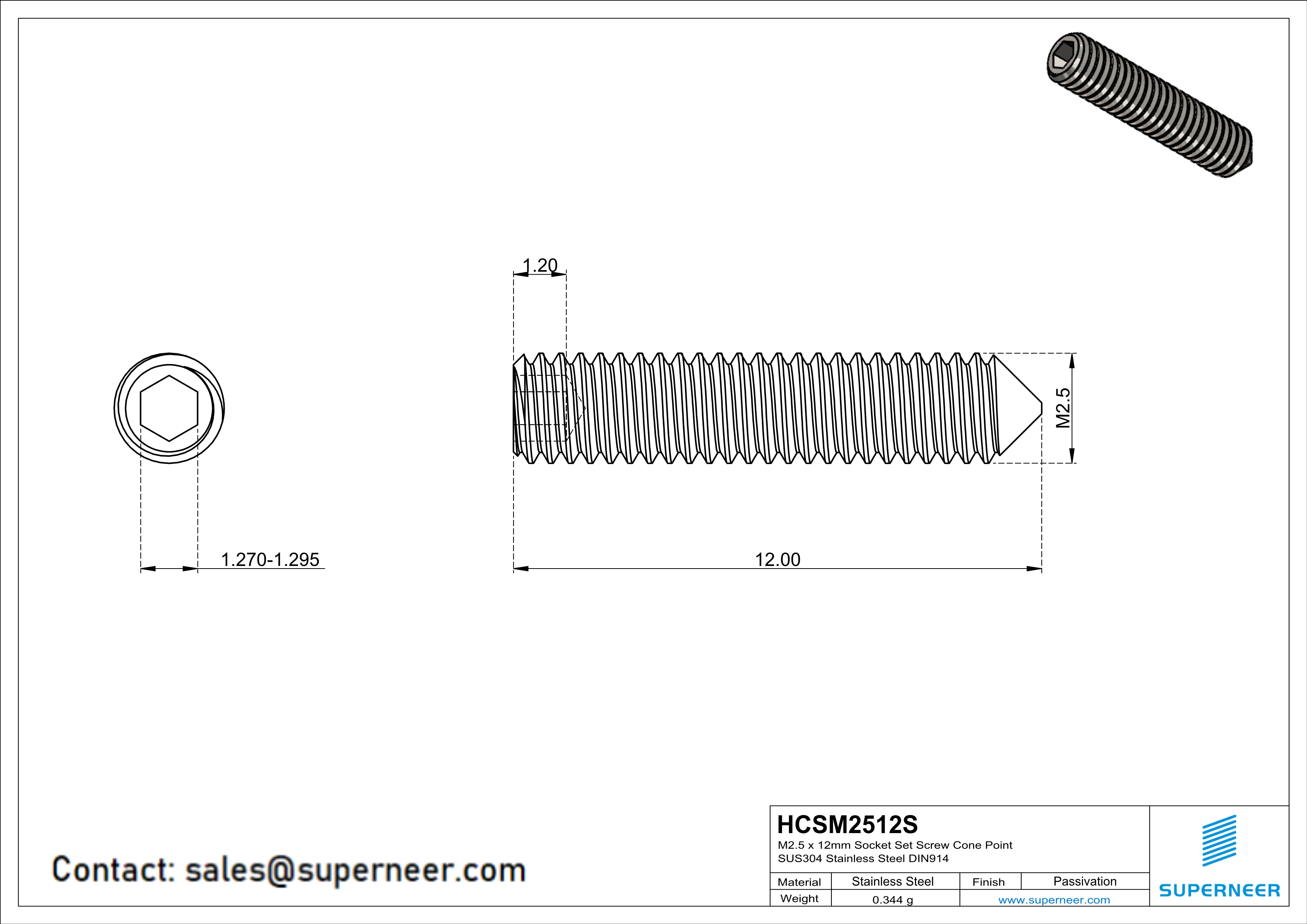 M2.5 x 12mm Socket Set Screw Cone Point SUS304 Stainless Steel Inox DIN914