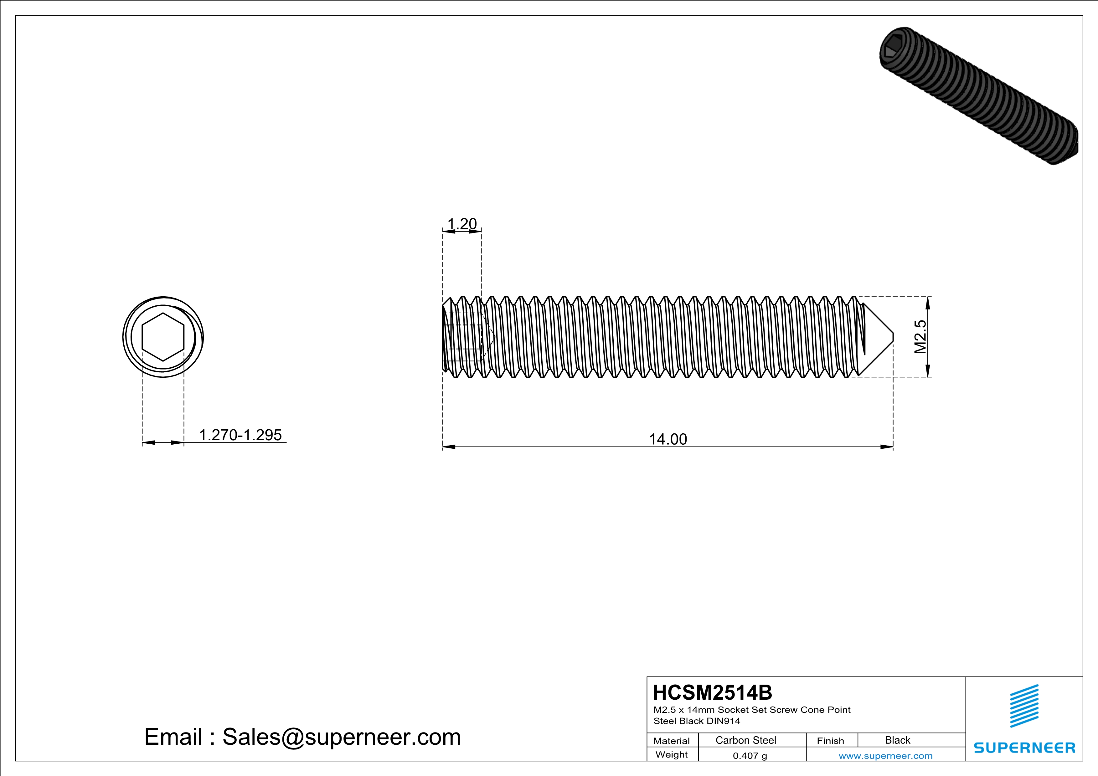 M2.5 x 14mm Socket Set Screw Cone Point Steel Black DIN914