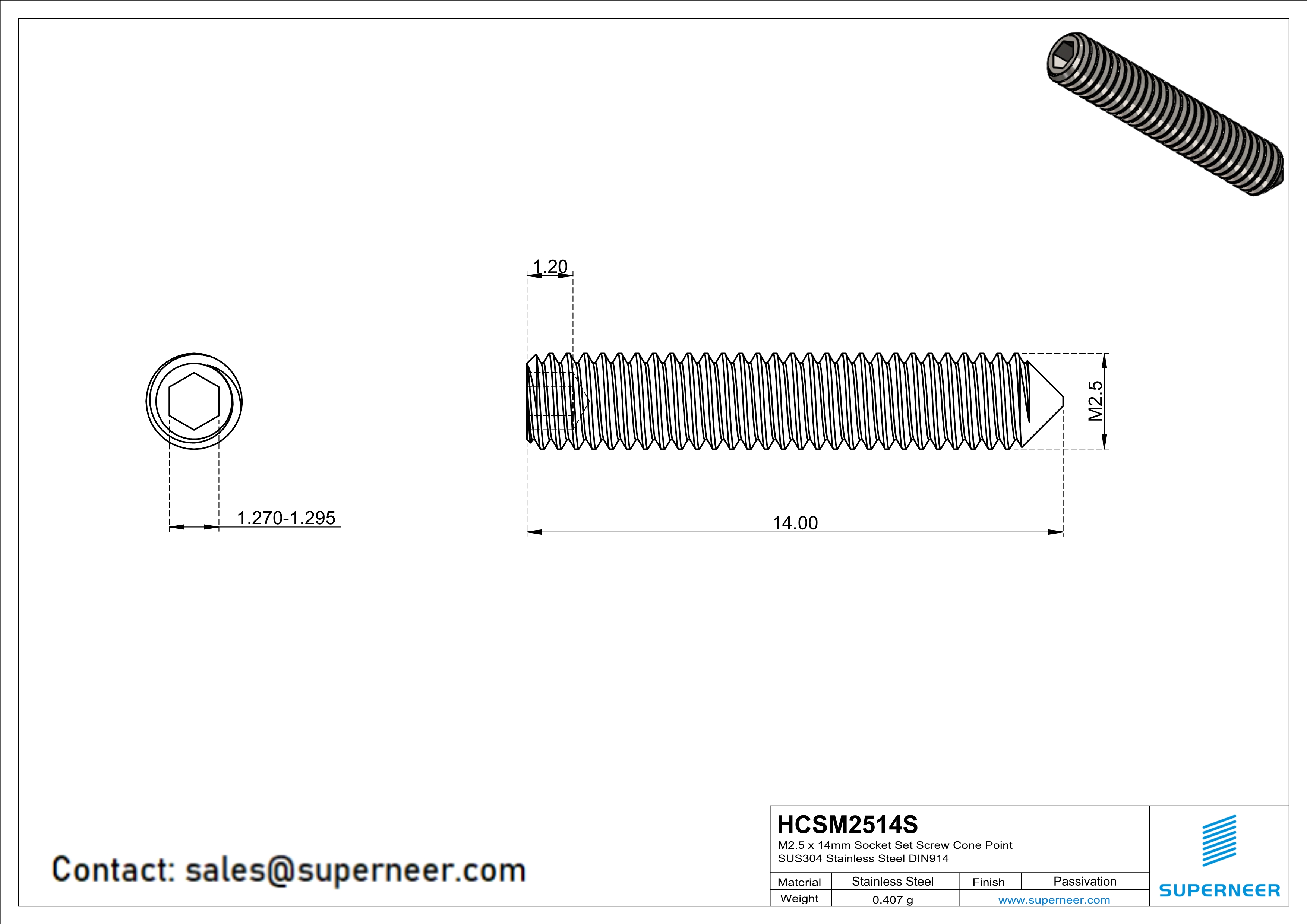 M2.5 x 14mm Socket Set Screw Cone Point SUS304 Stainless Steel Inox DIN914