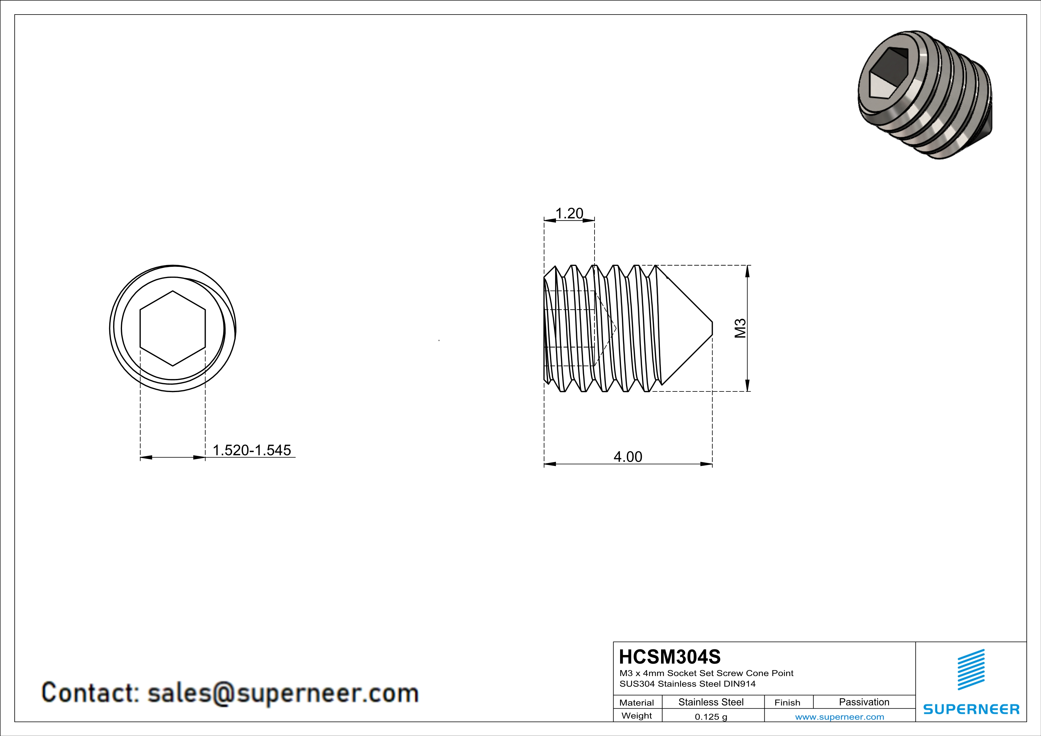 M3 x 4mm Socket Set Screw Cone Point SUS304 Stainless Steel Inox DIN914