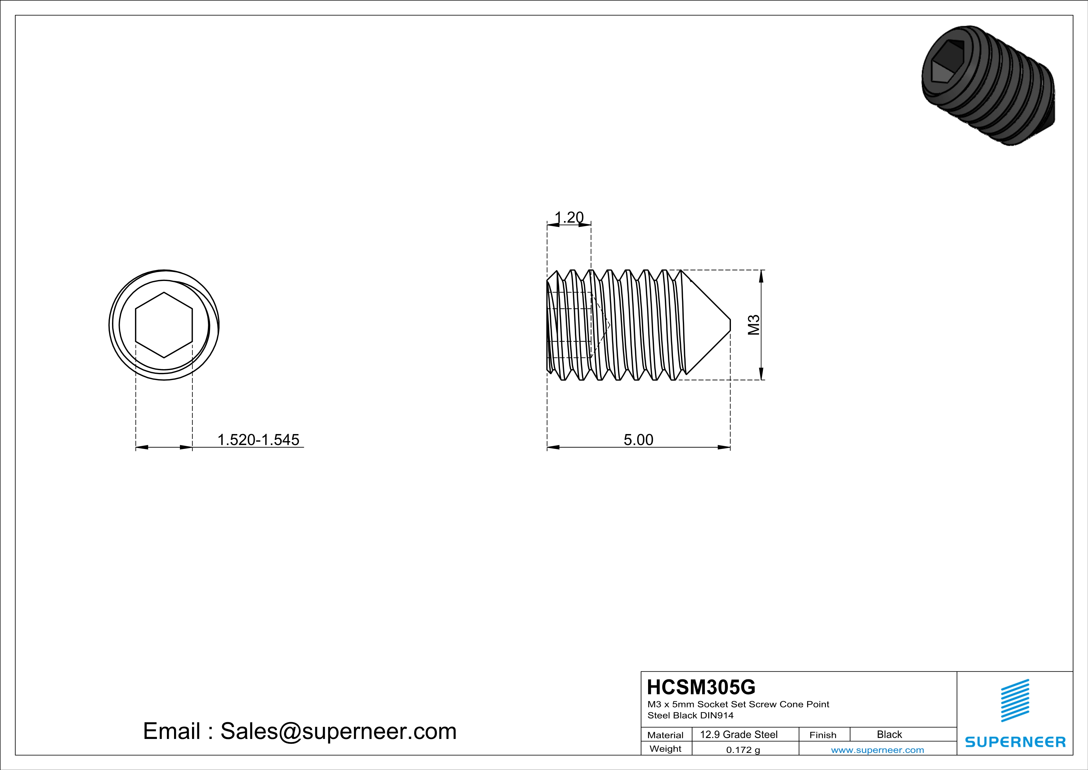 M3 x 5mm Socket Set Screw Cone Point 12.9 Carbon Steel Black DIN914