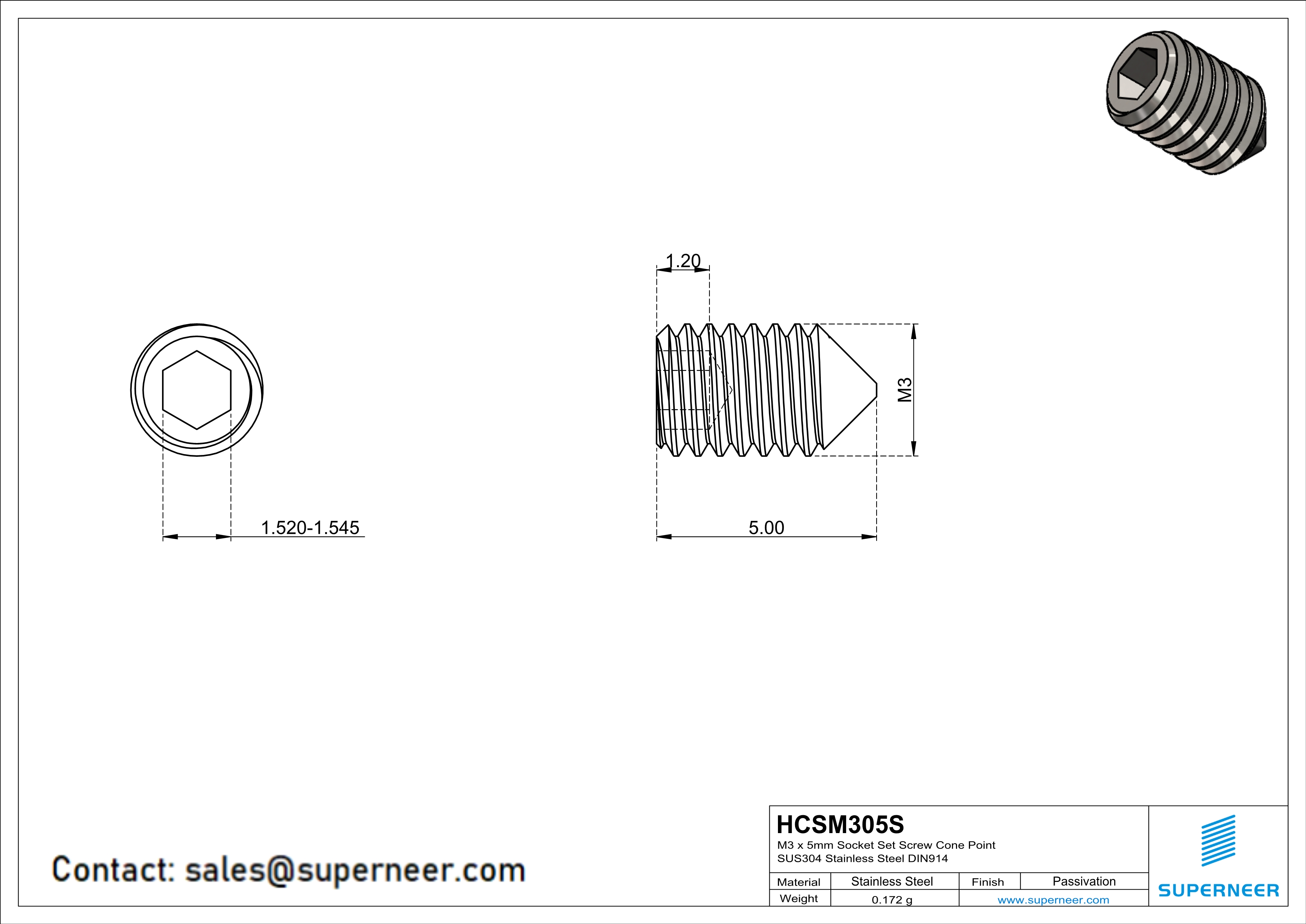 M3 x 5mm Socket Set Screw Cone Point SUS304 Stainless Steel Inox DIN914