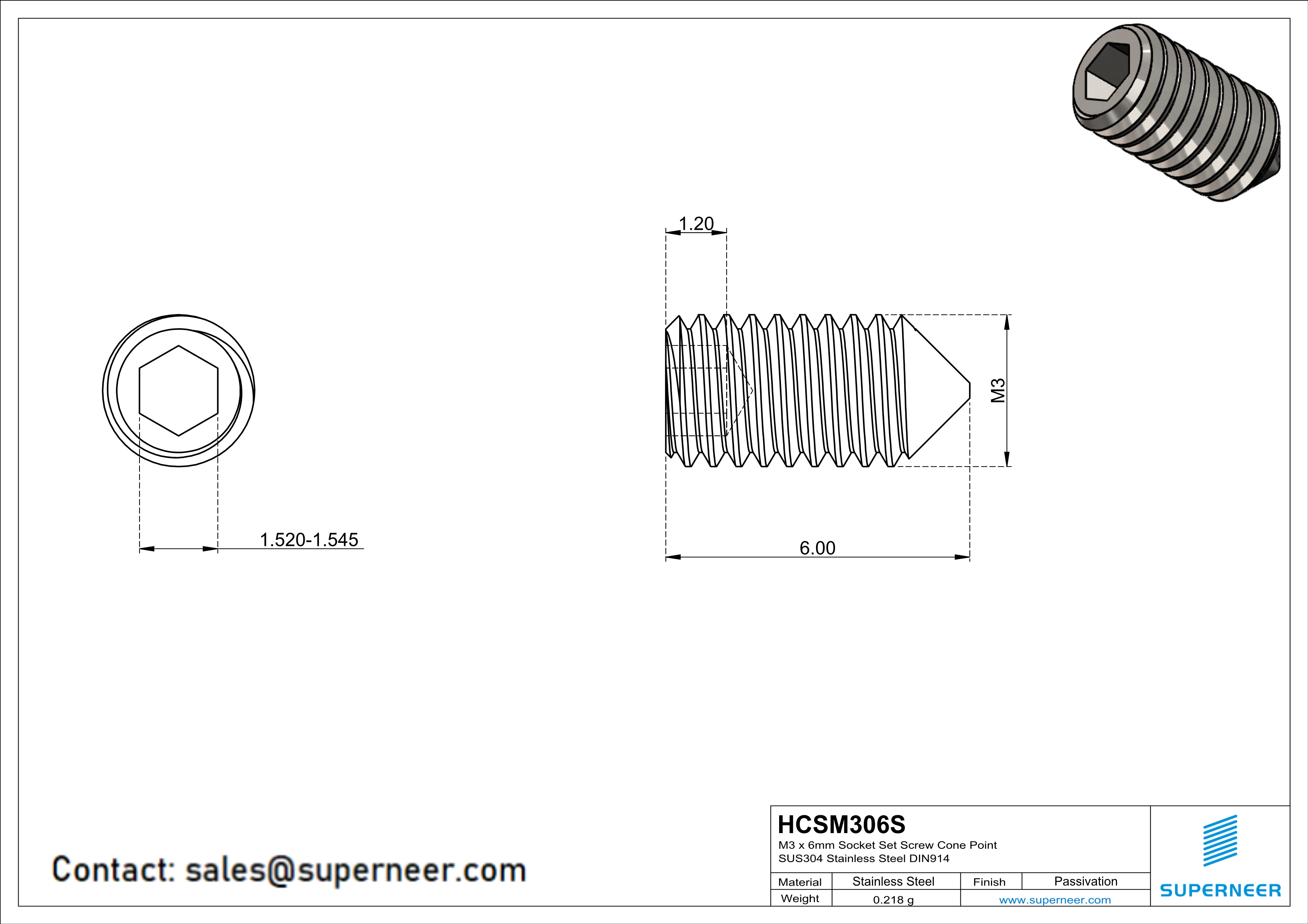 M3 x 6mm Socket Set Screw Cone Point SUS304 Stainless Steel Inox DIN914