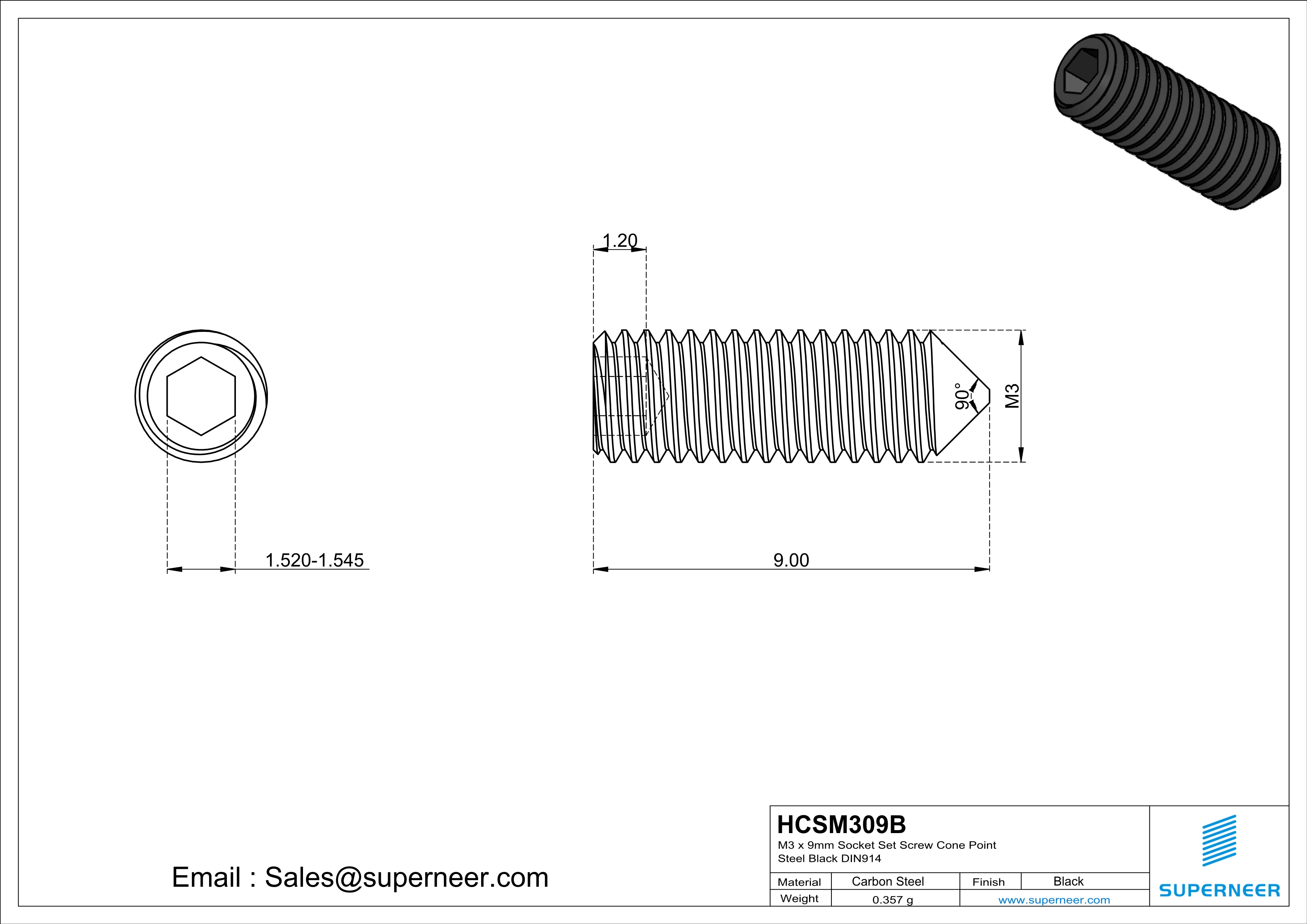 M3 x 9mm Socket Set Screw Cone Point Steel Black DIN914