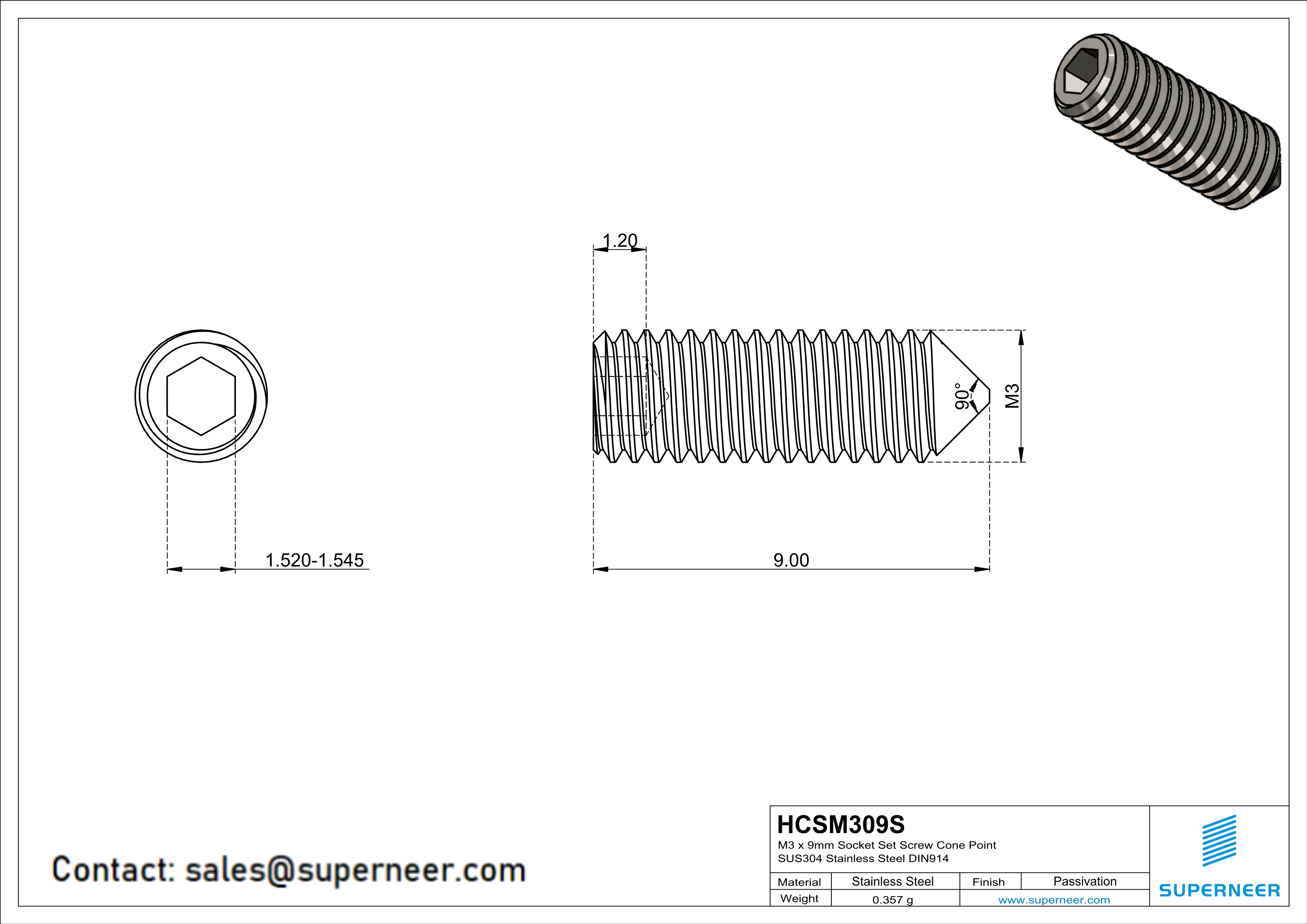 M3 x 9mm Socket Set Screw Cone Point SUS304 Stainless Steel Inox DIN914