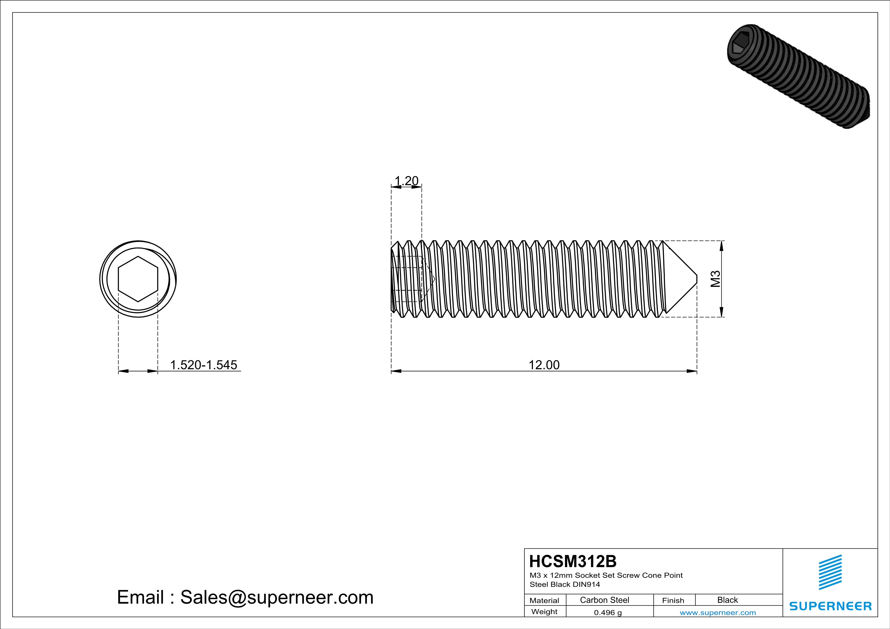 M3 x 12mm Socket Set Screw Cone Point Steel Black DIN914