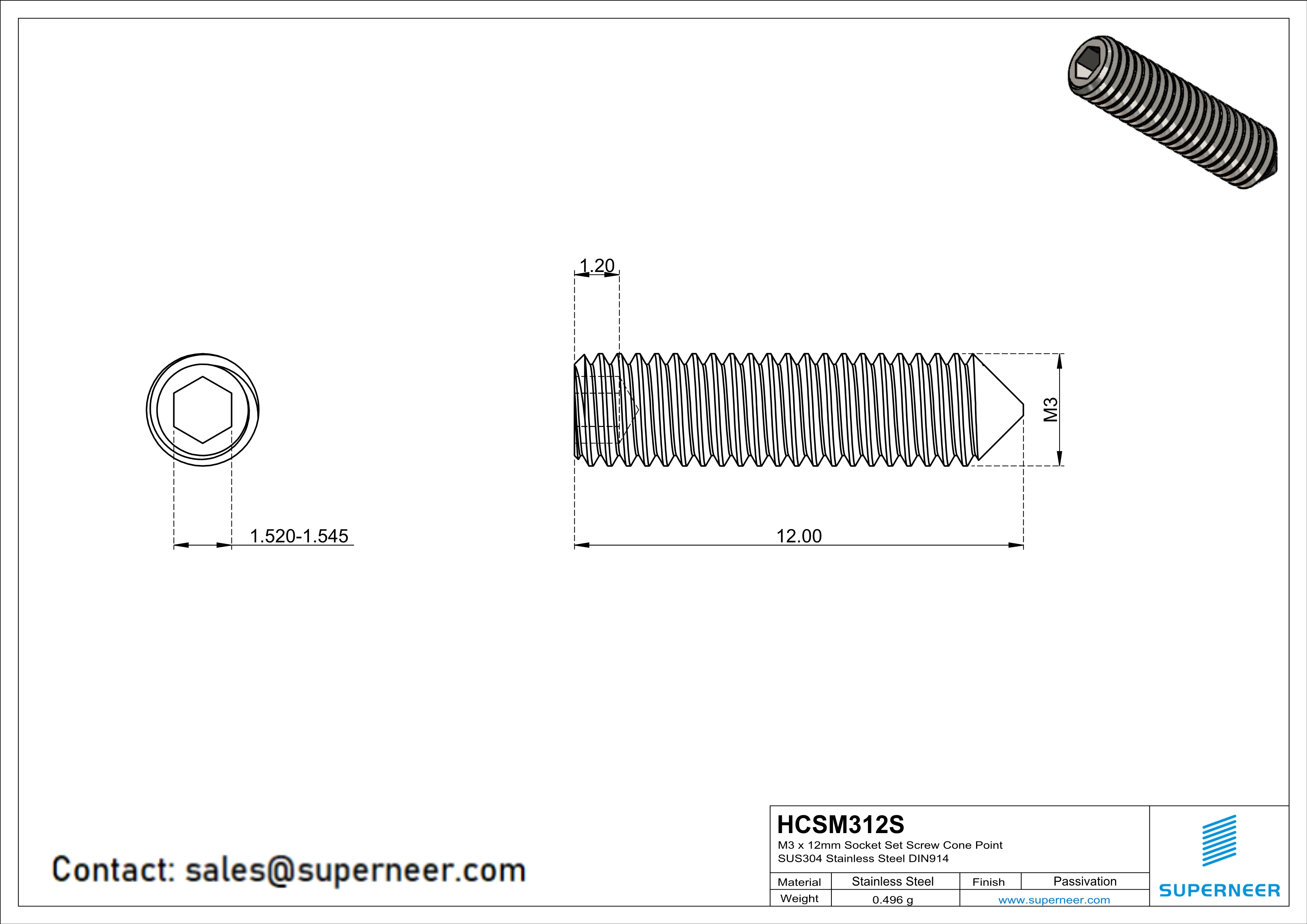 M3 x 12mm Socket Set Screw Cone Point SUS304 Stainless Steel Inox DIN914