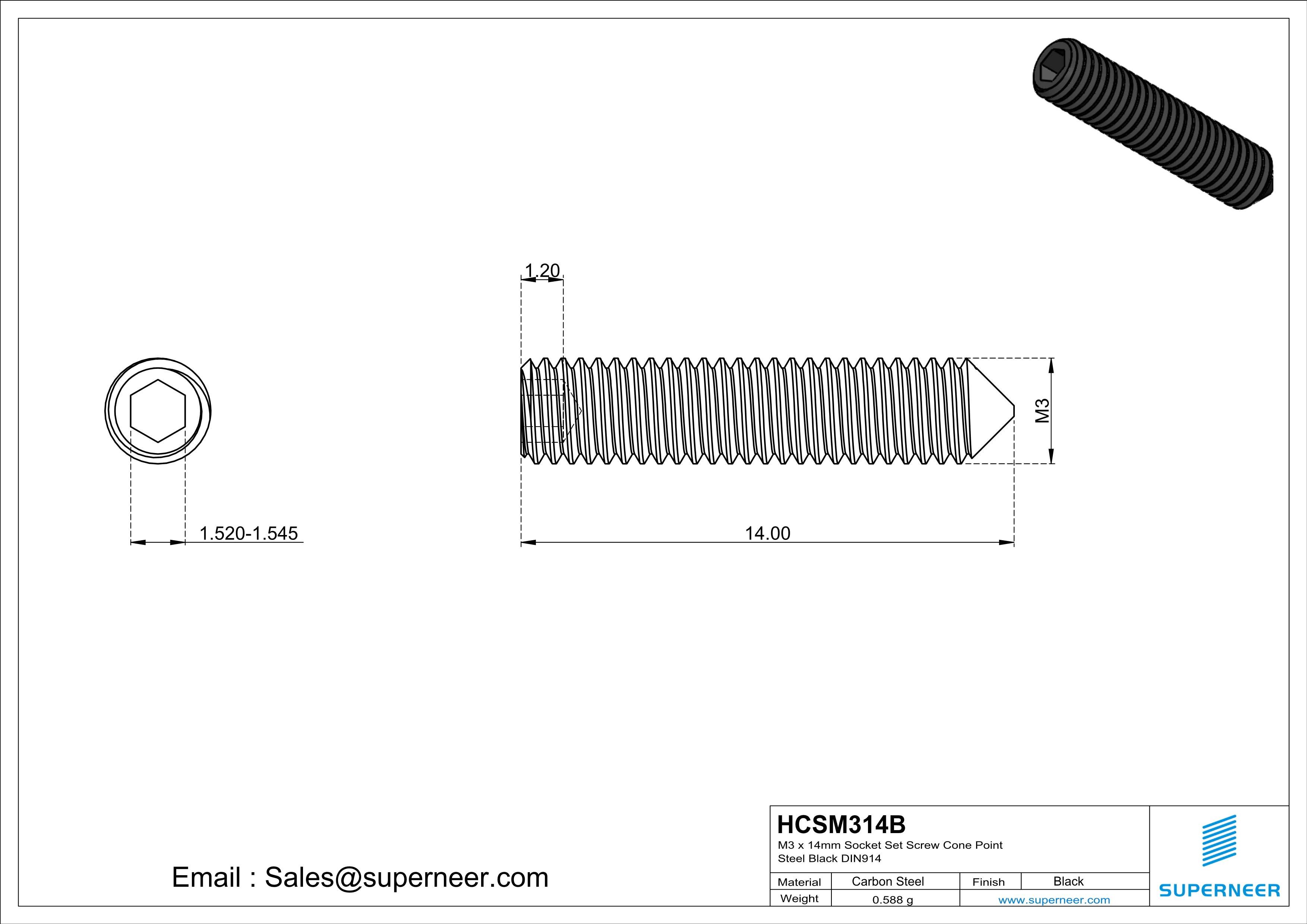 M3 x 14mm Socket Set Screw Cone Point Steel Black DIN914