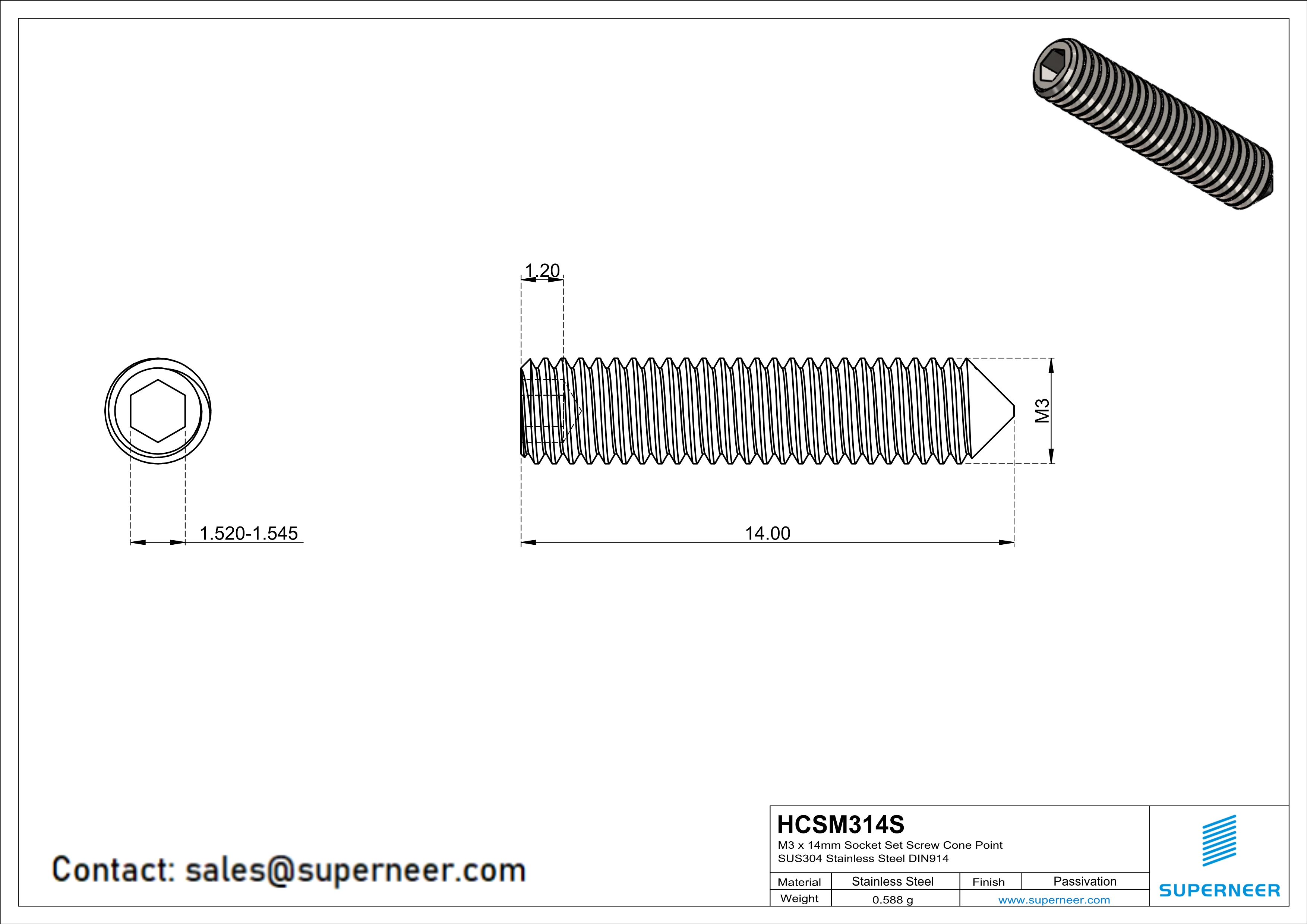 M3 x 14mm Socket Set Screw Cone Point SUS304 Stainless Steel Inox DIN914