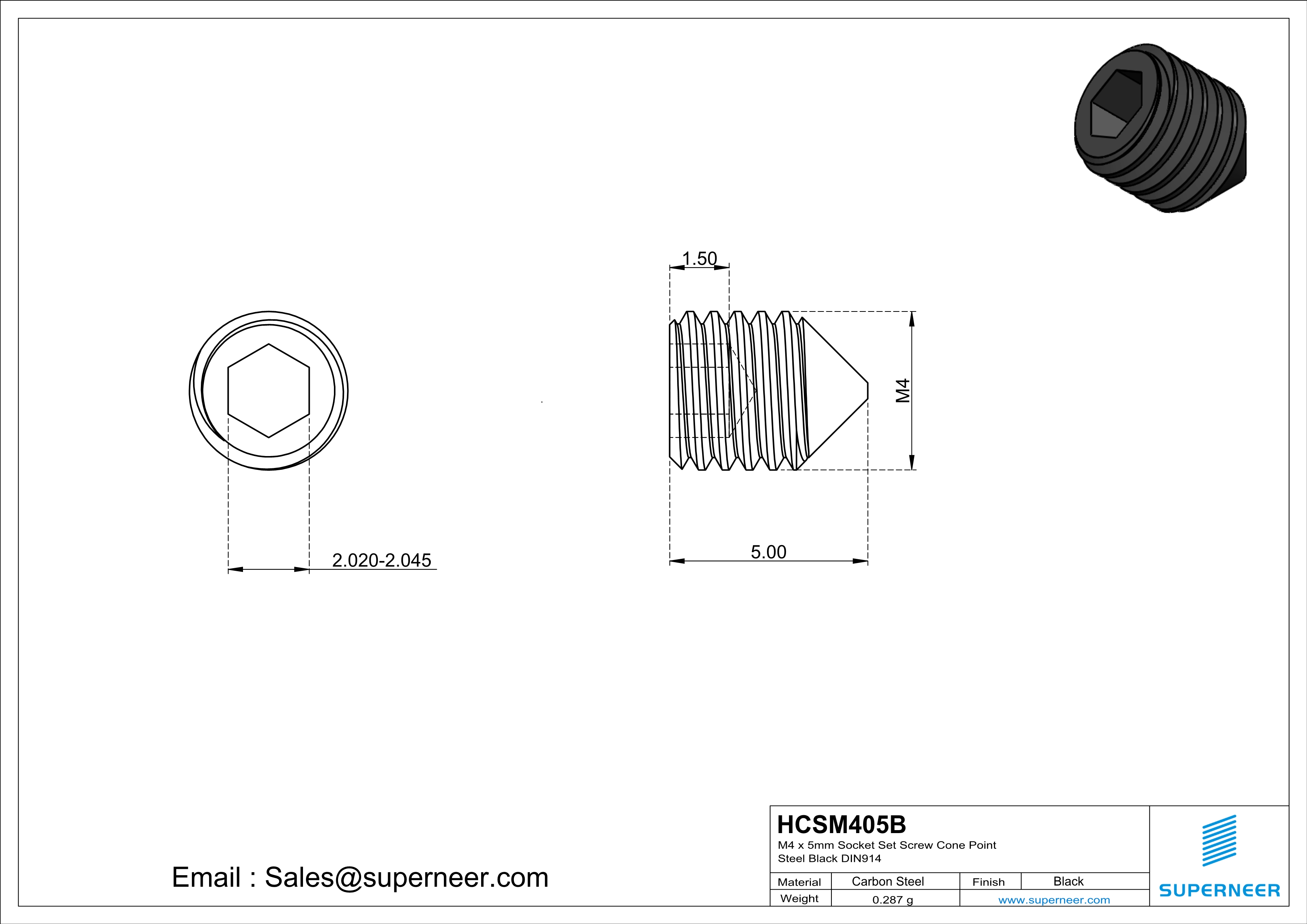 M4 x 5mm Socket Set Screw Cone Point Steel Black DIN914