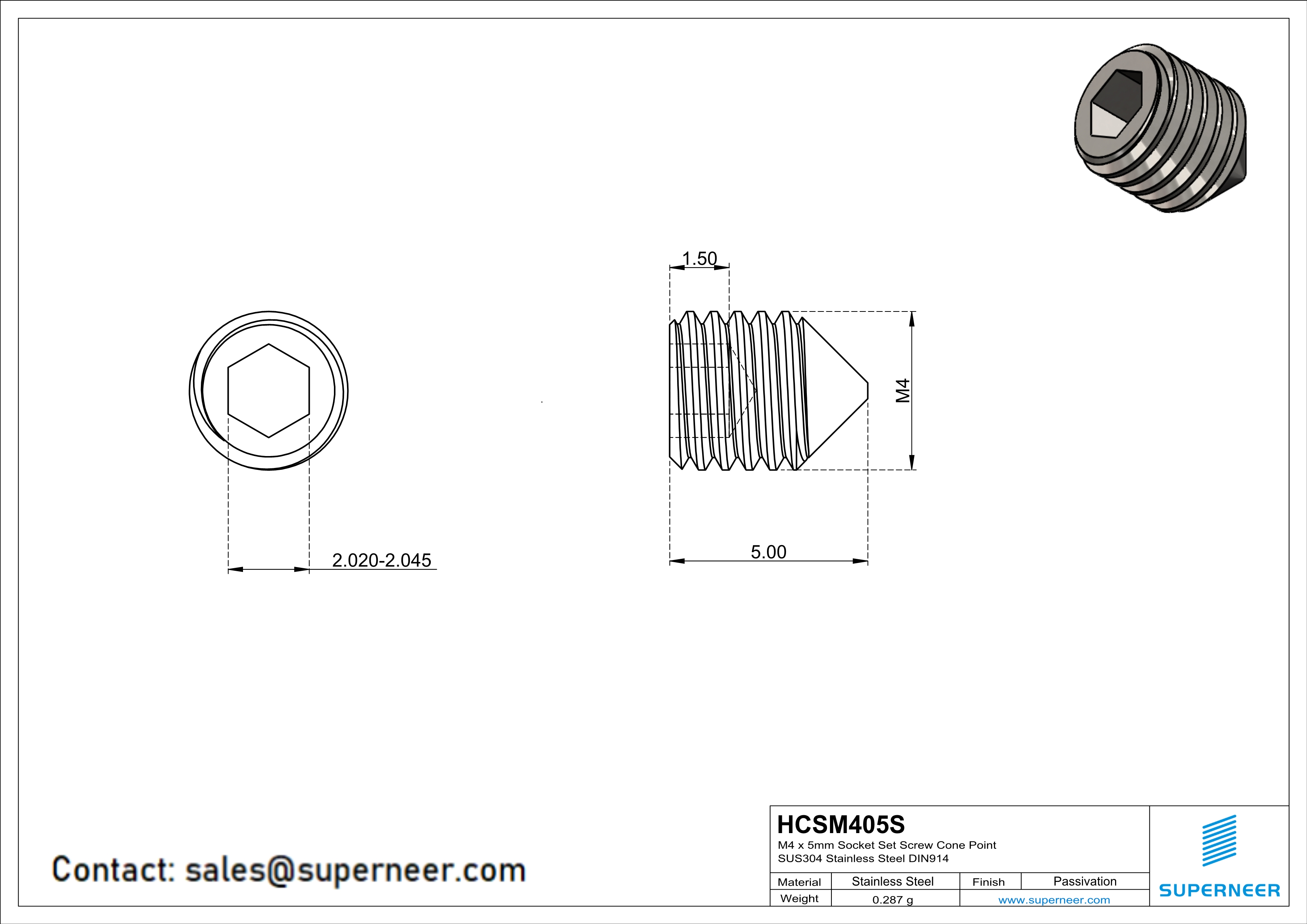 M4 x 5mm Socket Set Screw Cone Point SUS304 Stainless Steel Inox DIN914