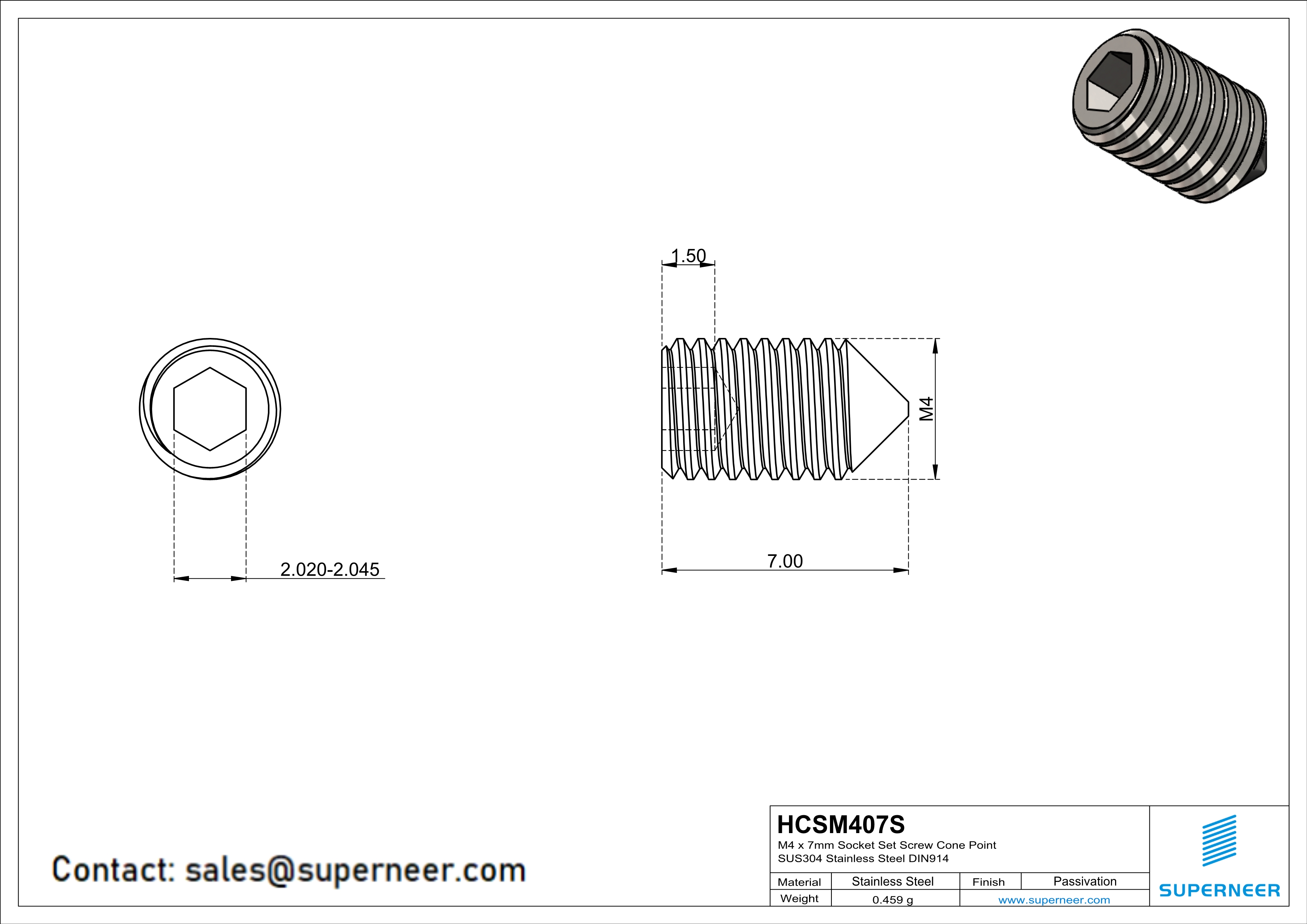 M4 x 7mm Socket Set Screw Cone Point SUS304 Stainless Steel Inox DIN914