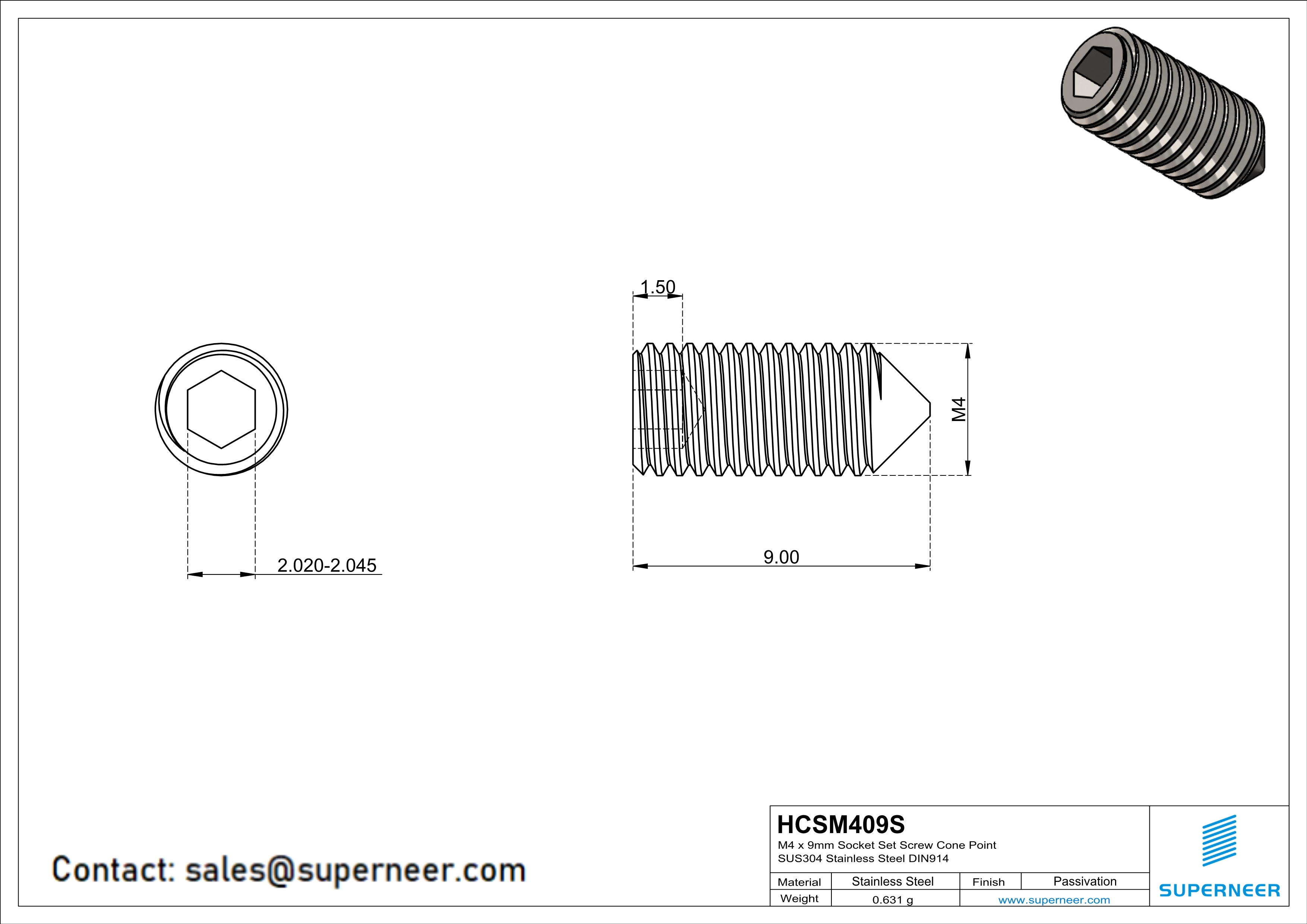 M4 x 9mm Socket Set Screw Cone Point SUS304 Stainless Steel Inox DIN914