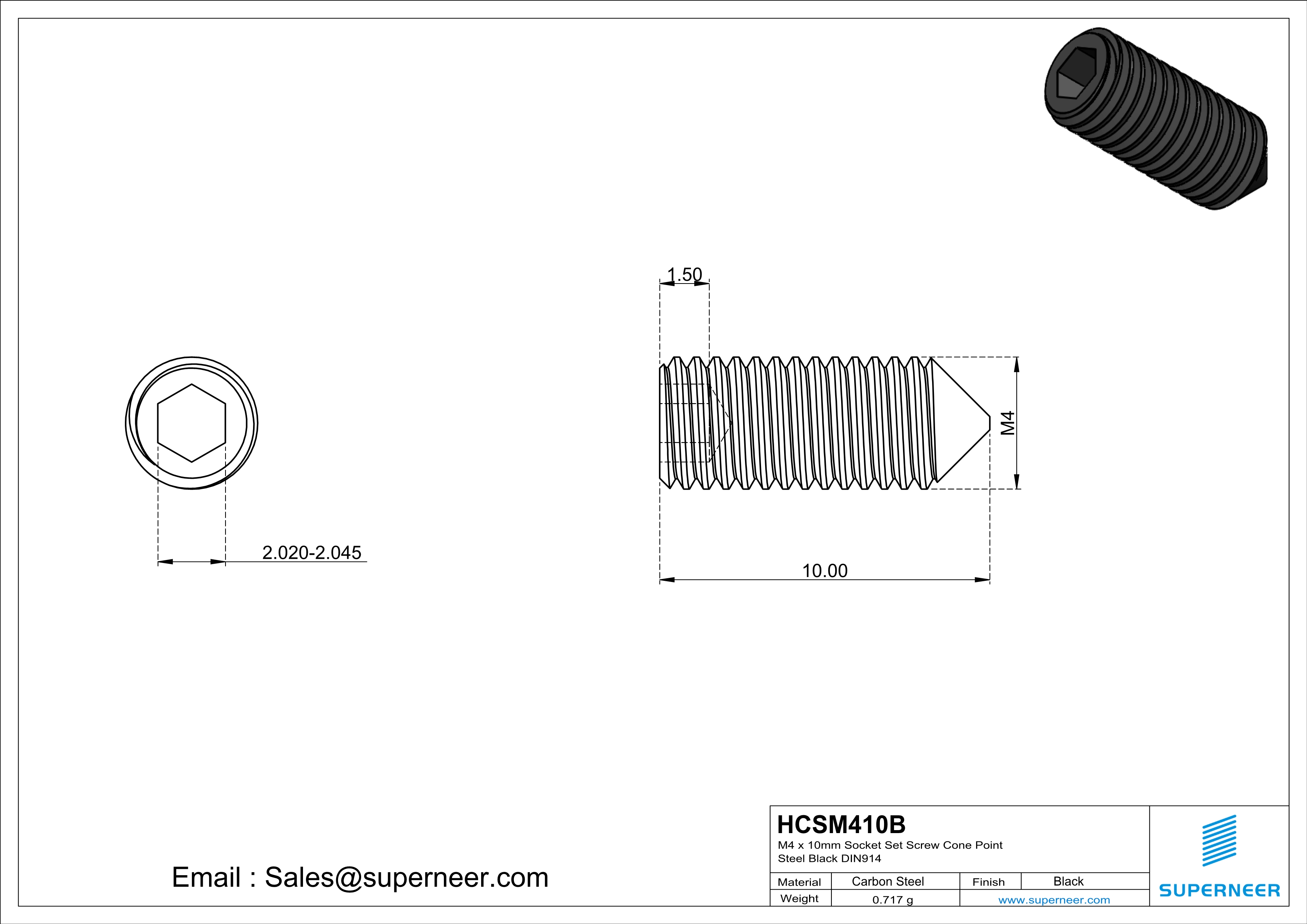 M4 x 10mm Socket Set Screw Cone Point Steel Black DIN914