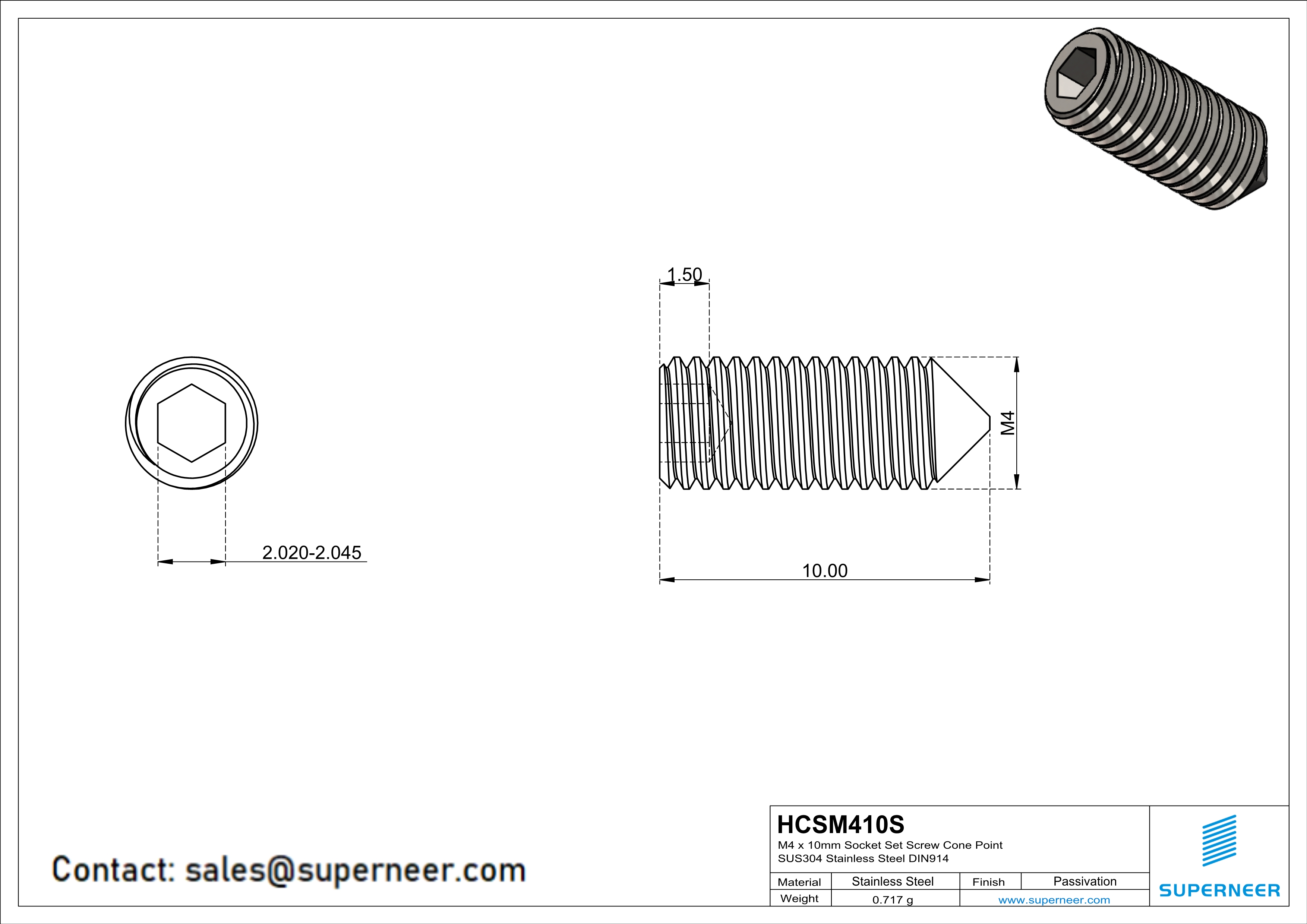 M4 x 10mm Socket Set Screw Cone Point SUS304 Stainless Steel Inox DIN914