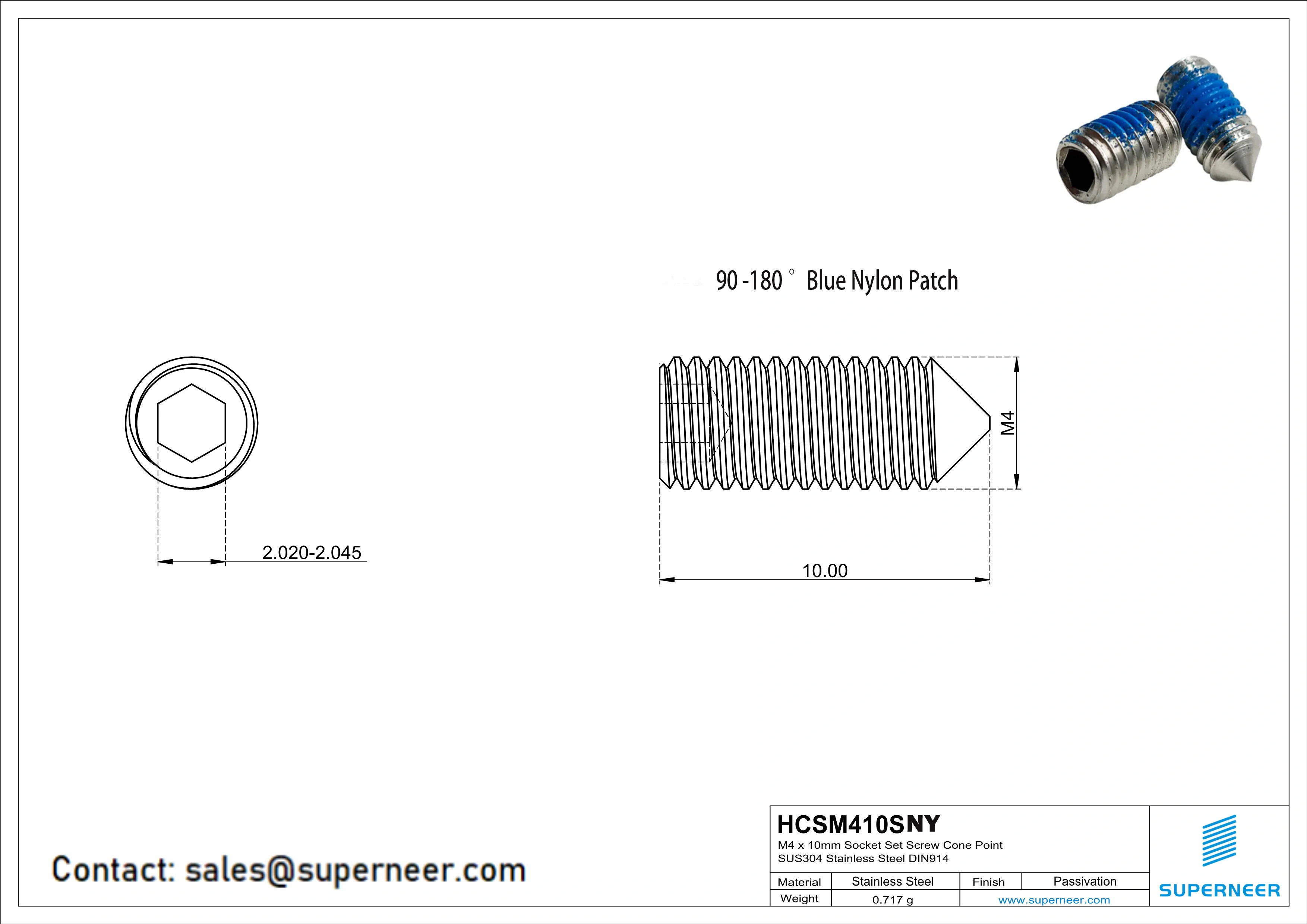 M4 x 10mm Socket Set Screw Cone Point SUS304 Stainless Steel Inox DIN914 Nylon Patch