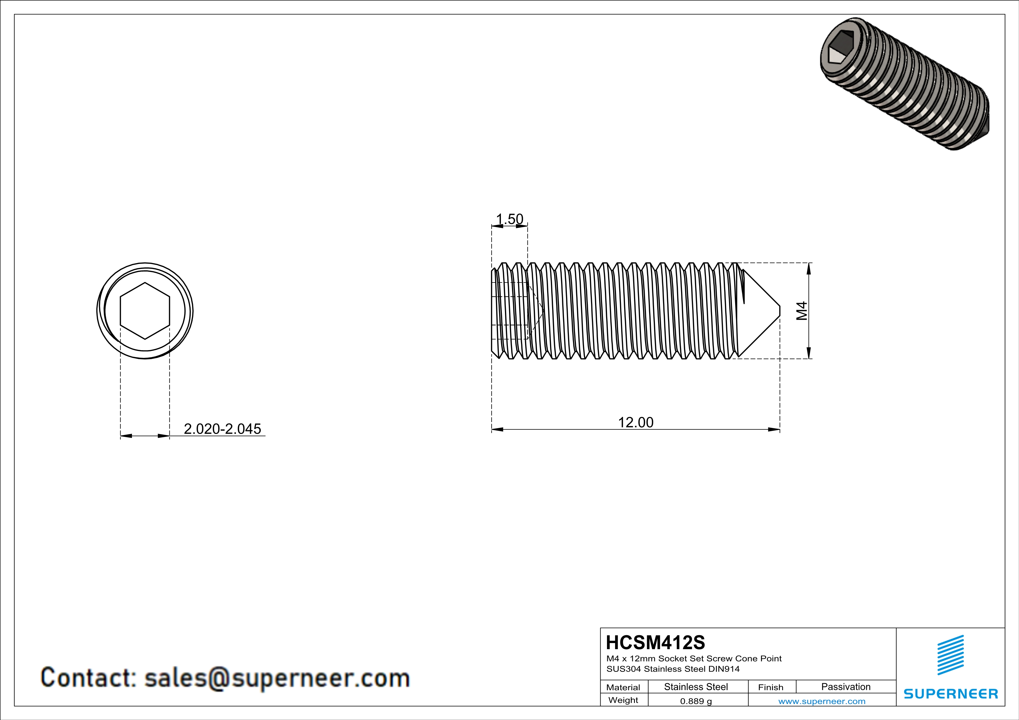 M4 x 12mm Socket Set Screw Cone Point SUS304 Stainless Steel Inox DIN914