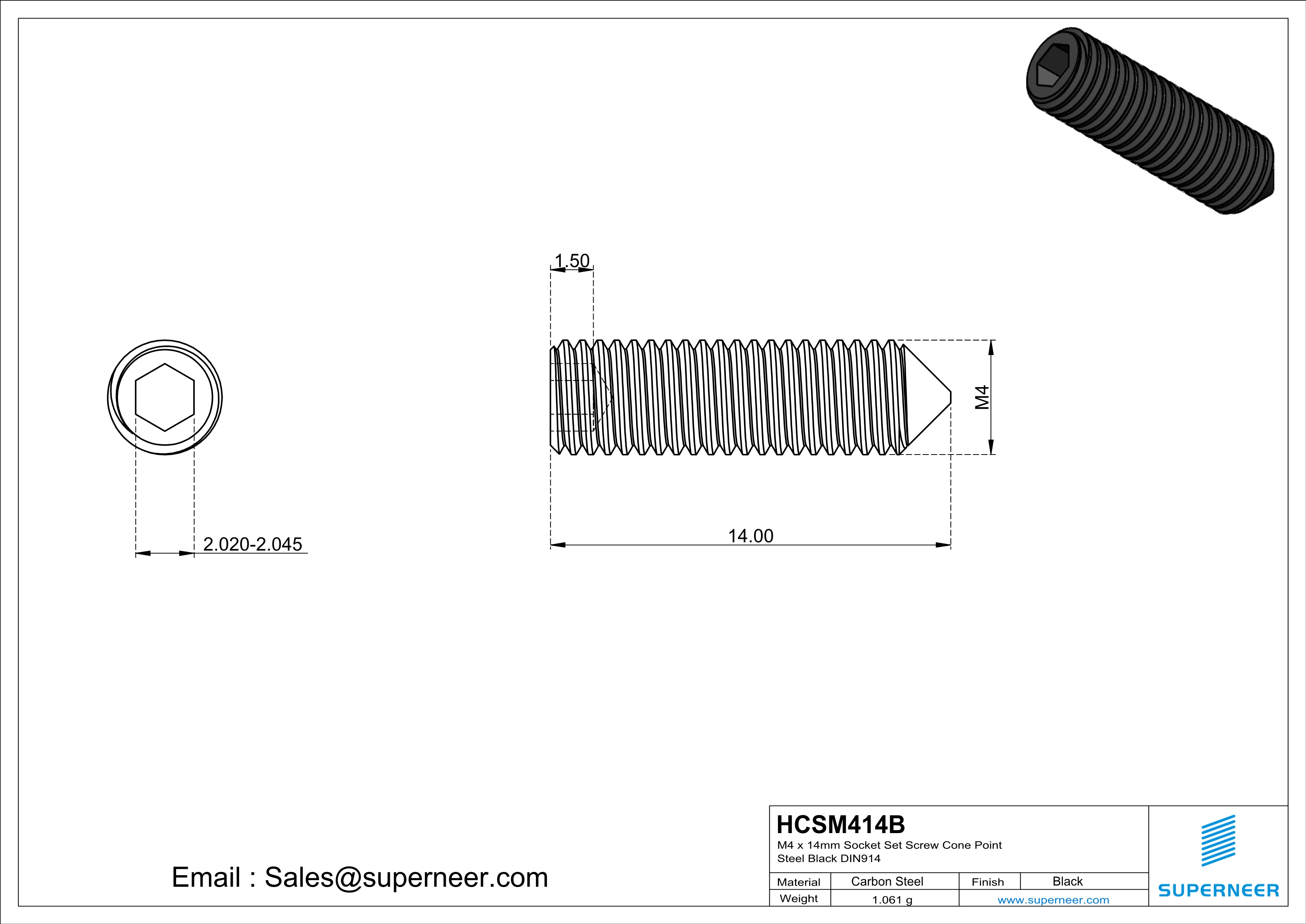 M4 x 14mm Socket Set Screw Cone Point Steel Black DIN914