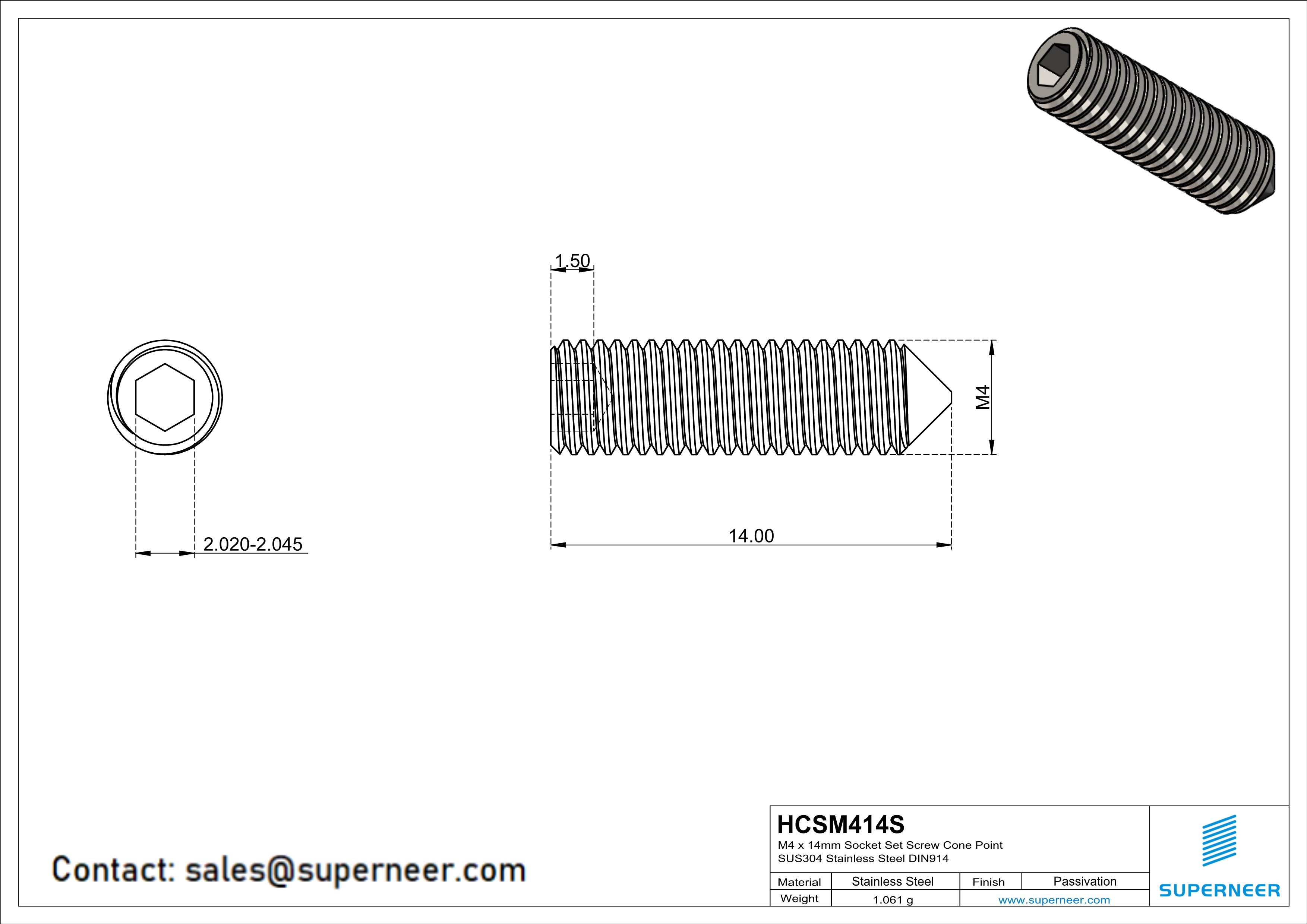 M4 x 14mm Socket Set Screw Cone Point SUS304 Stainless Steel Inox DIN914