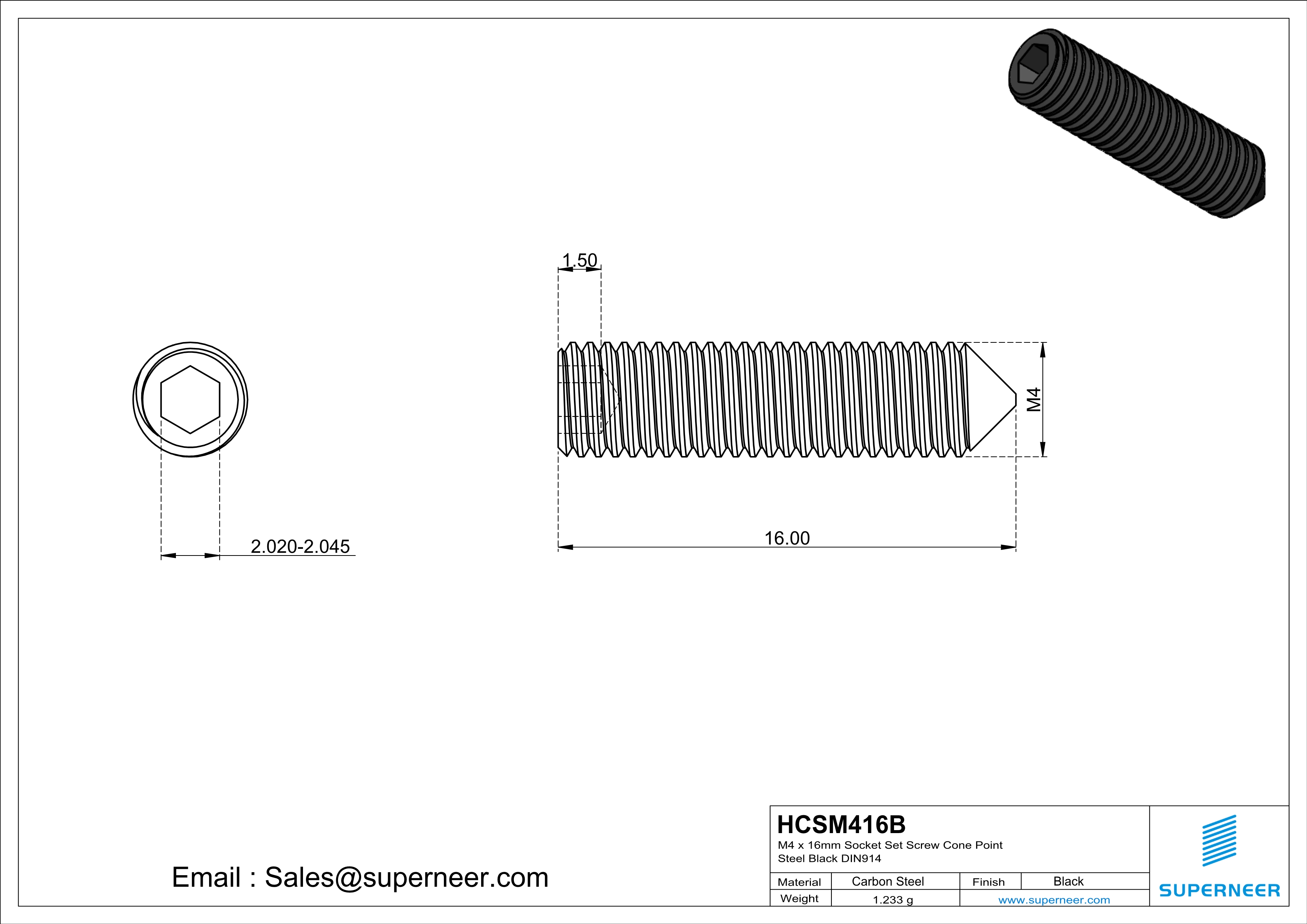 M4 x 16mm Socket Set Screw Cone Point Steel Black DIN914