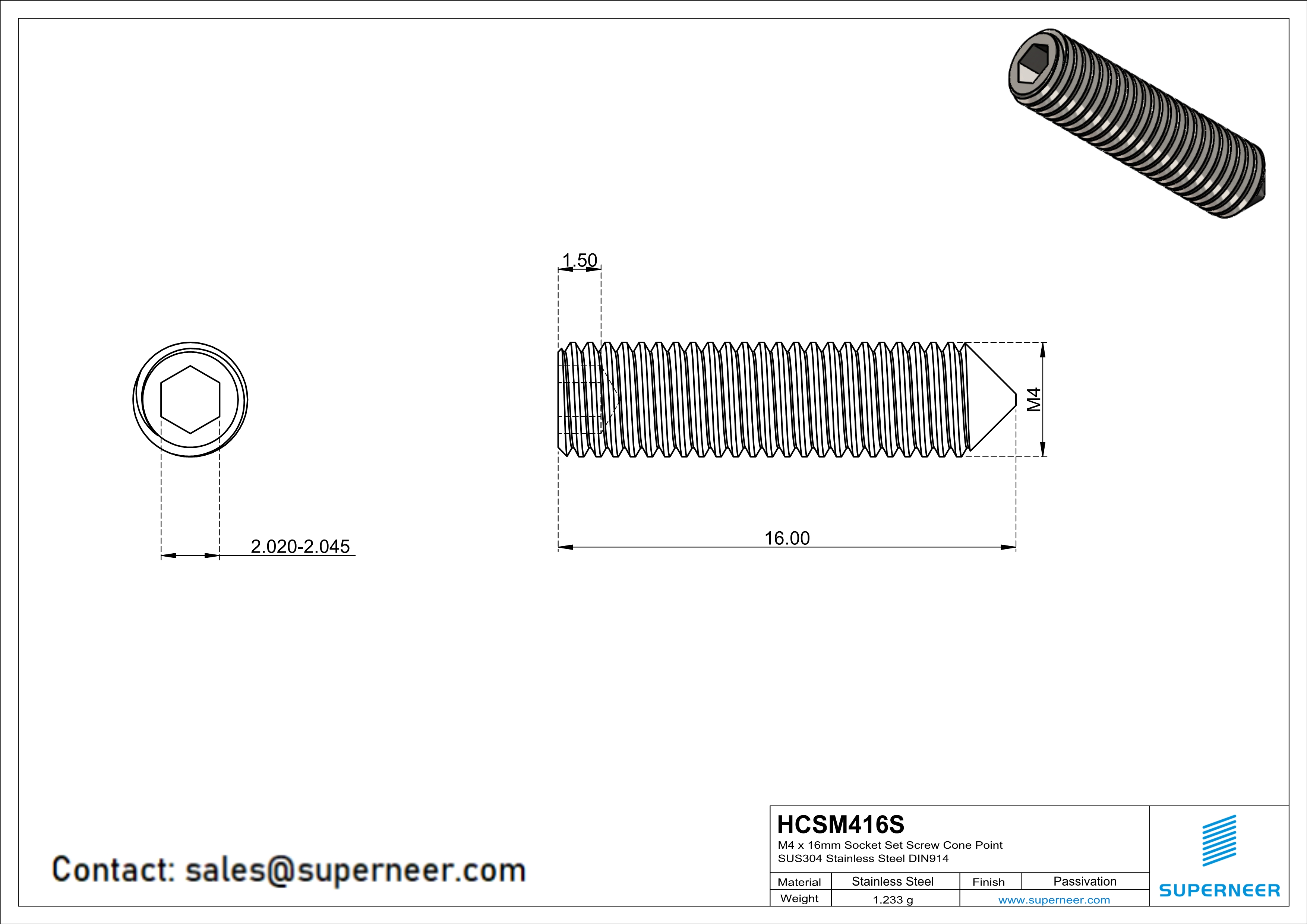 M4 x 16mm Socket Set Screw Cone Point SUS304 Stainless Steel Inox DIN914