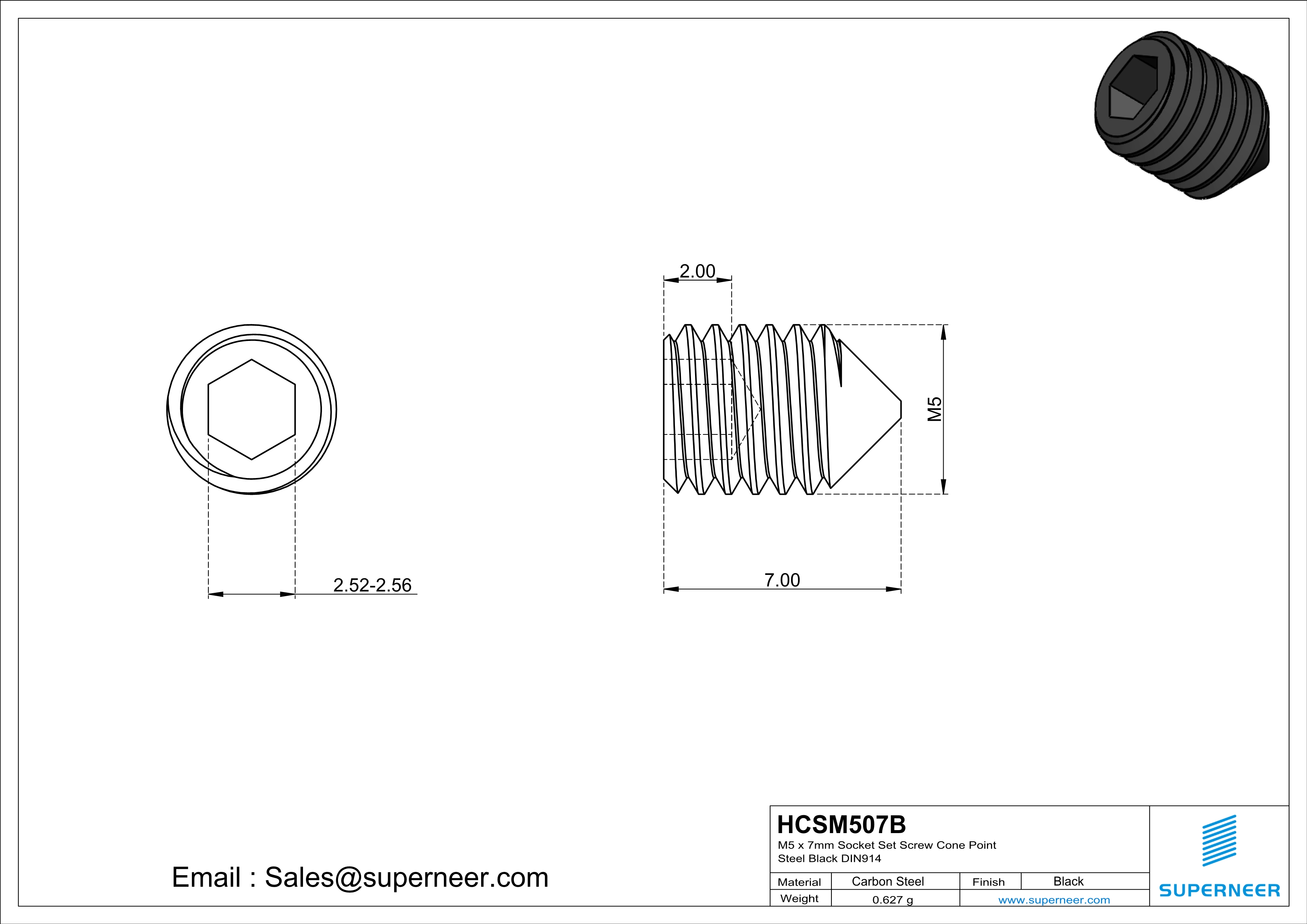 M5 x 7mm Socket Set Screw Cone Point Steel Black DIN914