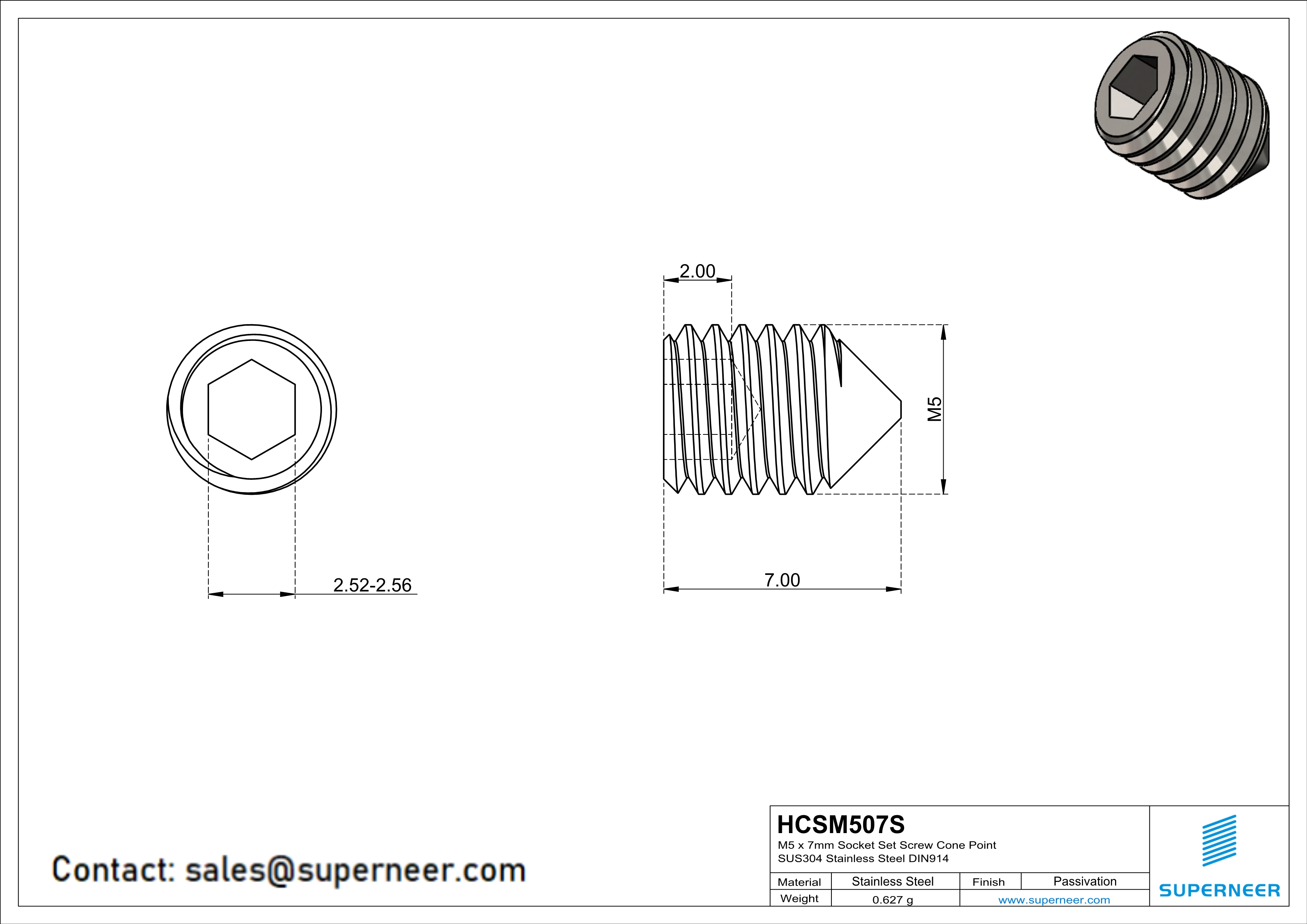 M5 x 7mm Socket Set Screw Cone Point SUS304 Stainless Steel Inox DIN914