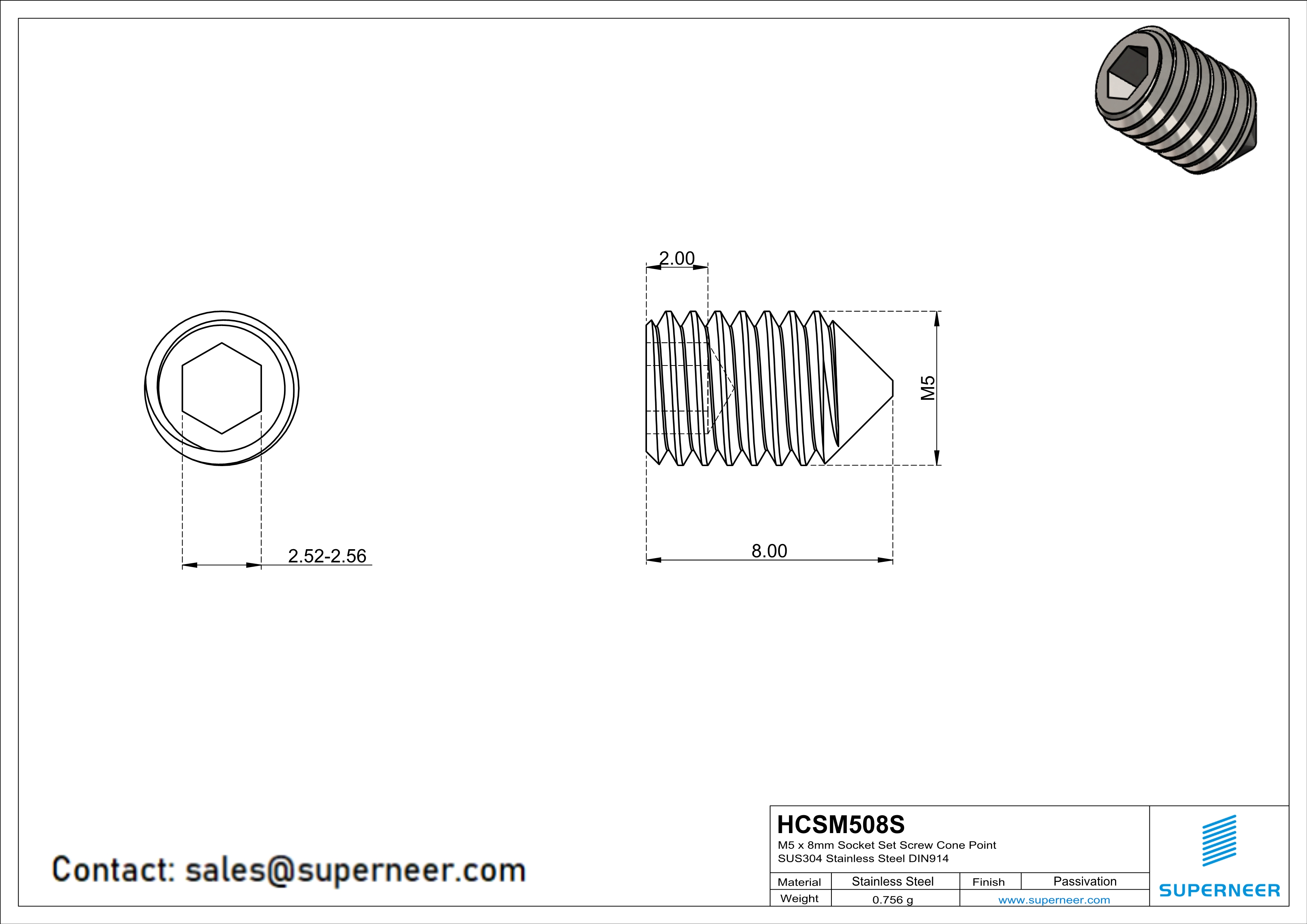 M5 x 8mm Socket Set Screw Cone Point SUS304 Stainless Steel Inox DIN914