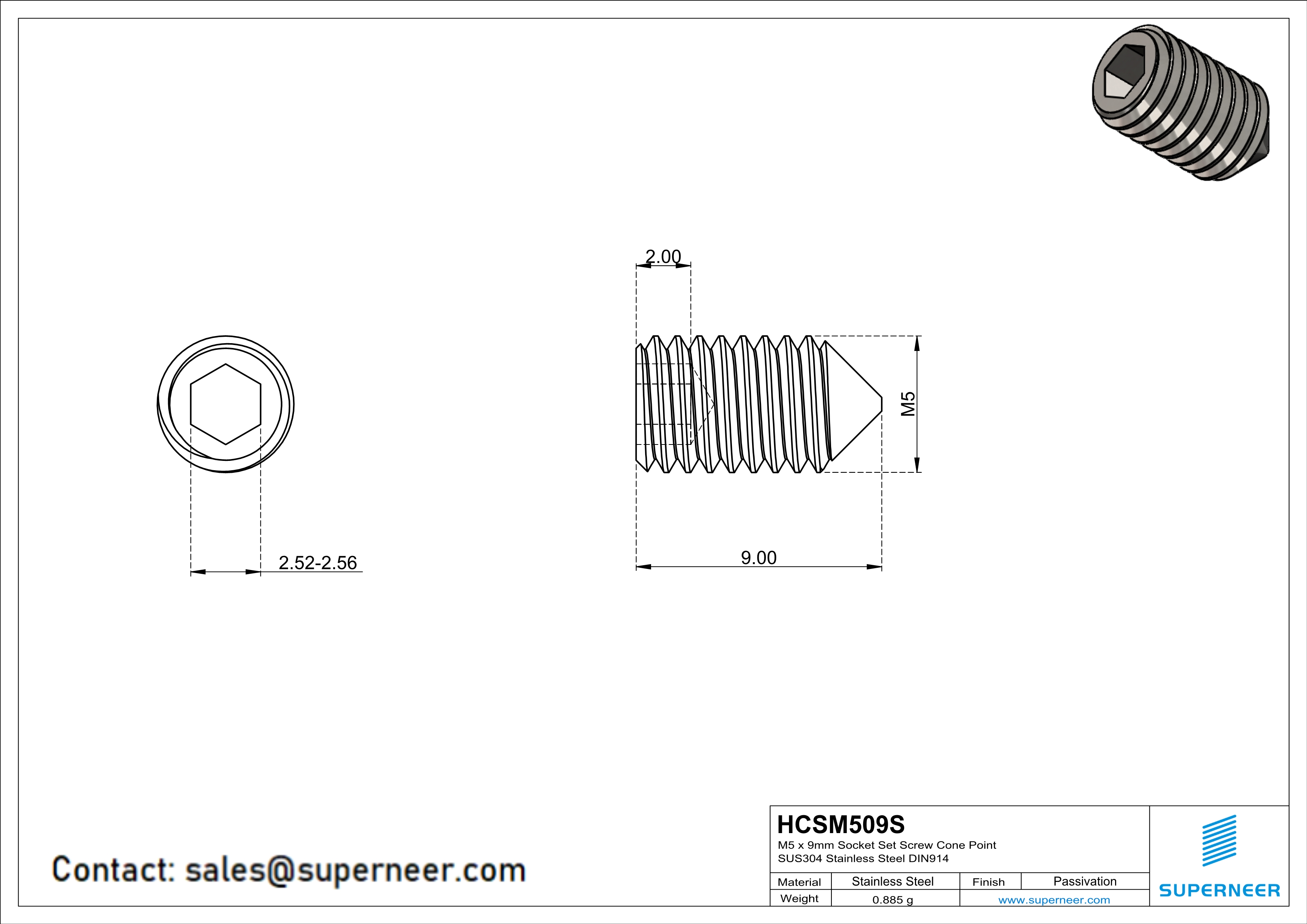 M5 x 9mm Socket Set Screw Cone Point SUS304 Stainless Steel Inox DIN914