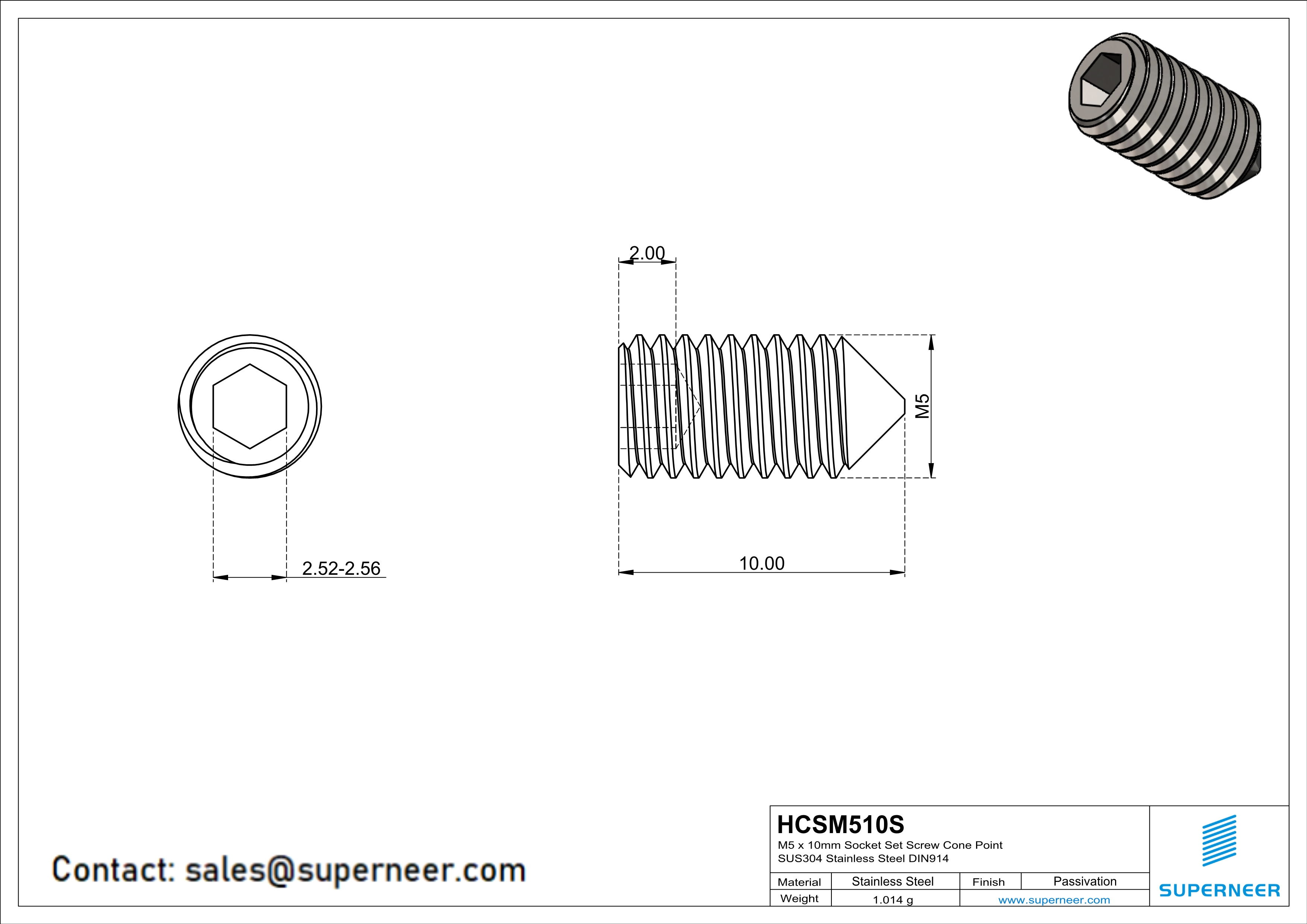 M5 x 10mm Socket Set Screw Cone Point SUS304 Stainless Steel Inox DIN914