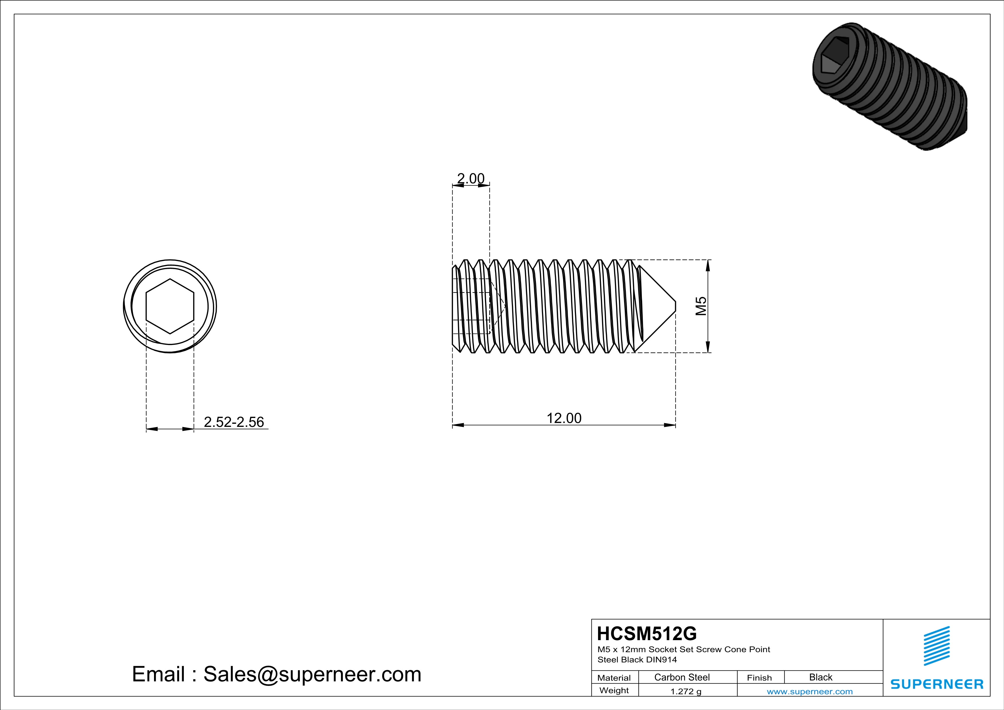 M5 x 12mm Socket Set Screw Cone Point 12.9 Carbon Steel Black DIN914