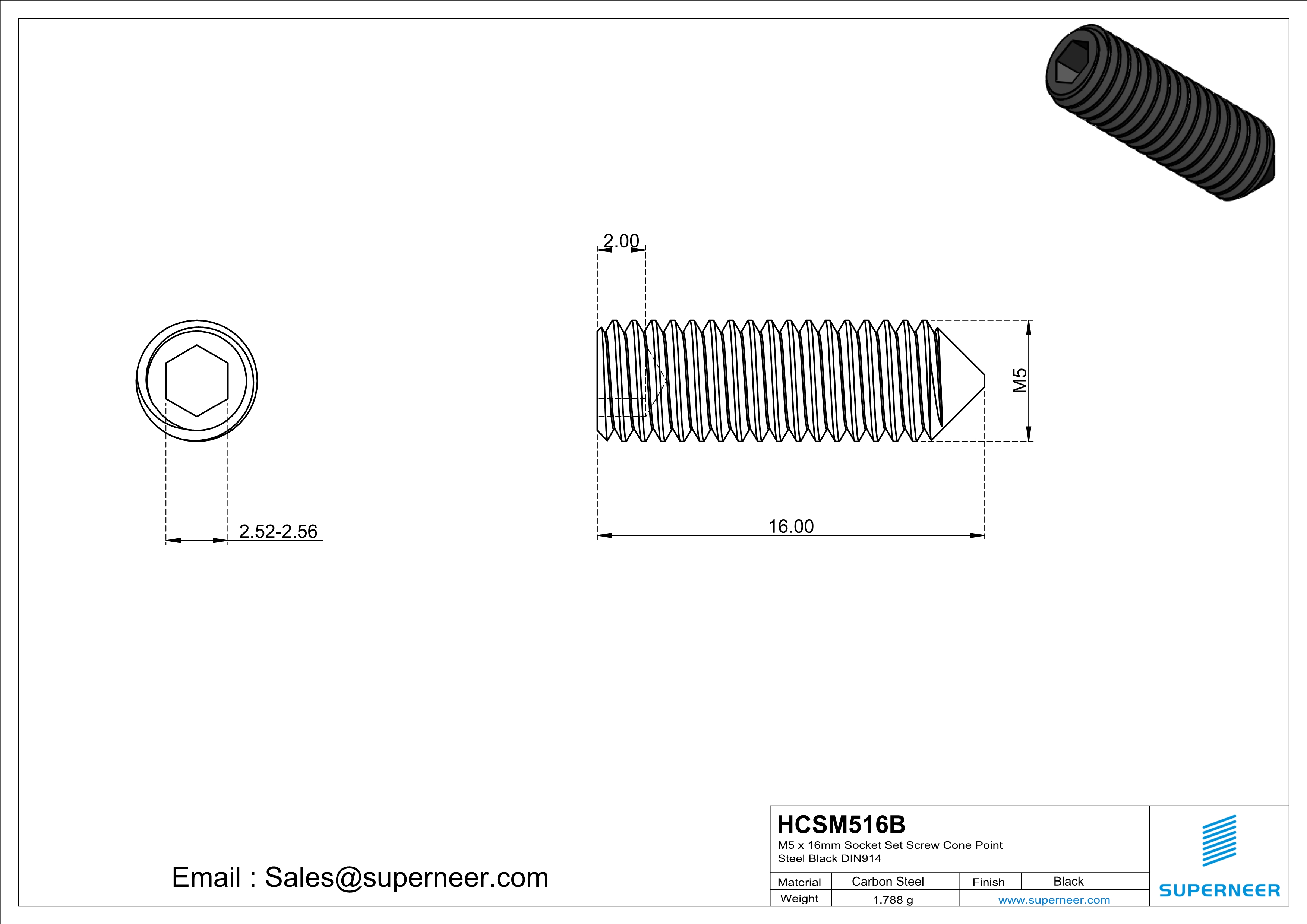 M5 x 16mm Socket Set Screw Cone Point Steel Black DIN914