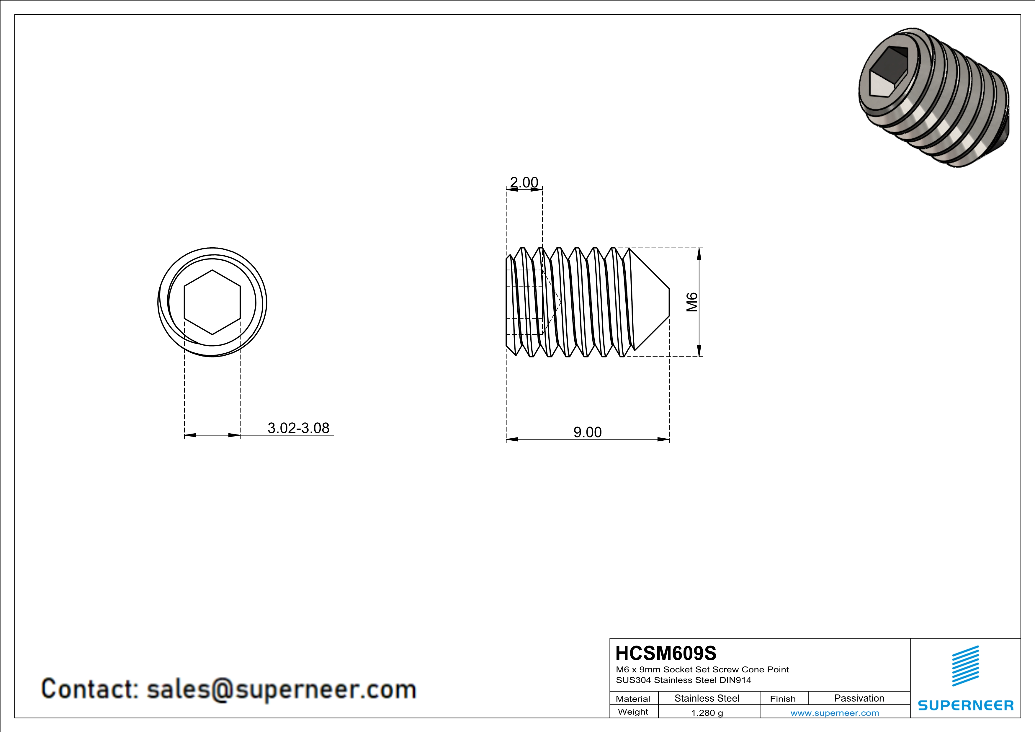 M6 x 9mm Socket Set Screw Cone Point SUS304 Stainless Steel Inox DIN914