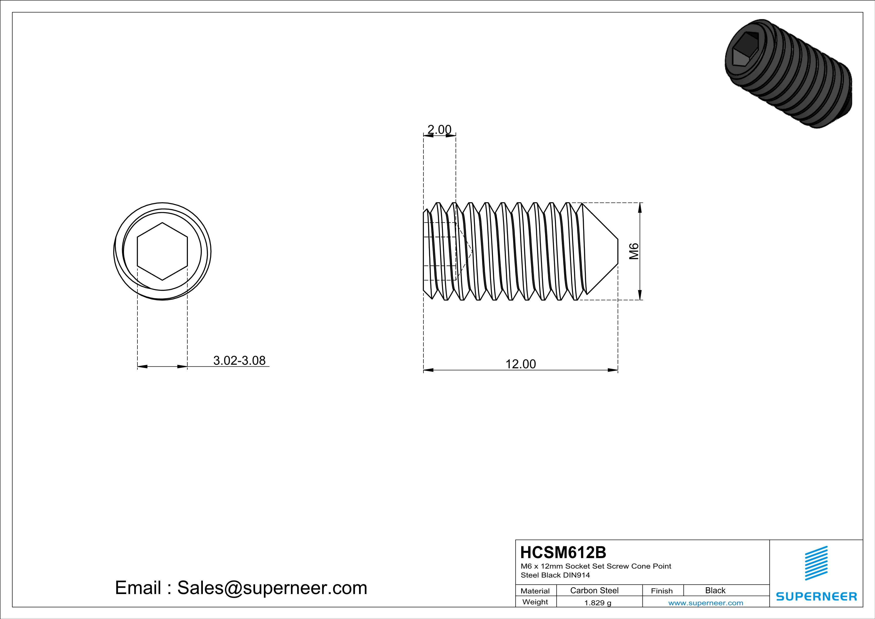 M6 x 12mm Socket Set Screw Cone Point Steel Black DIN914