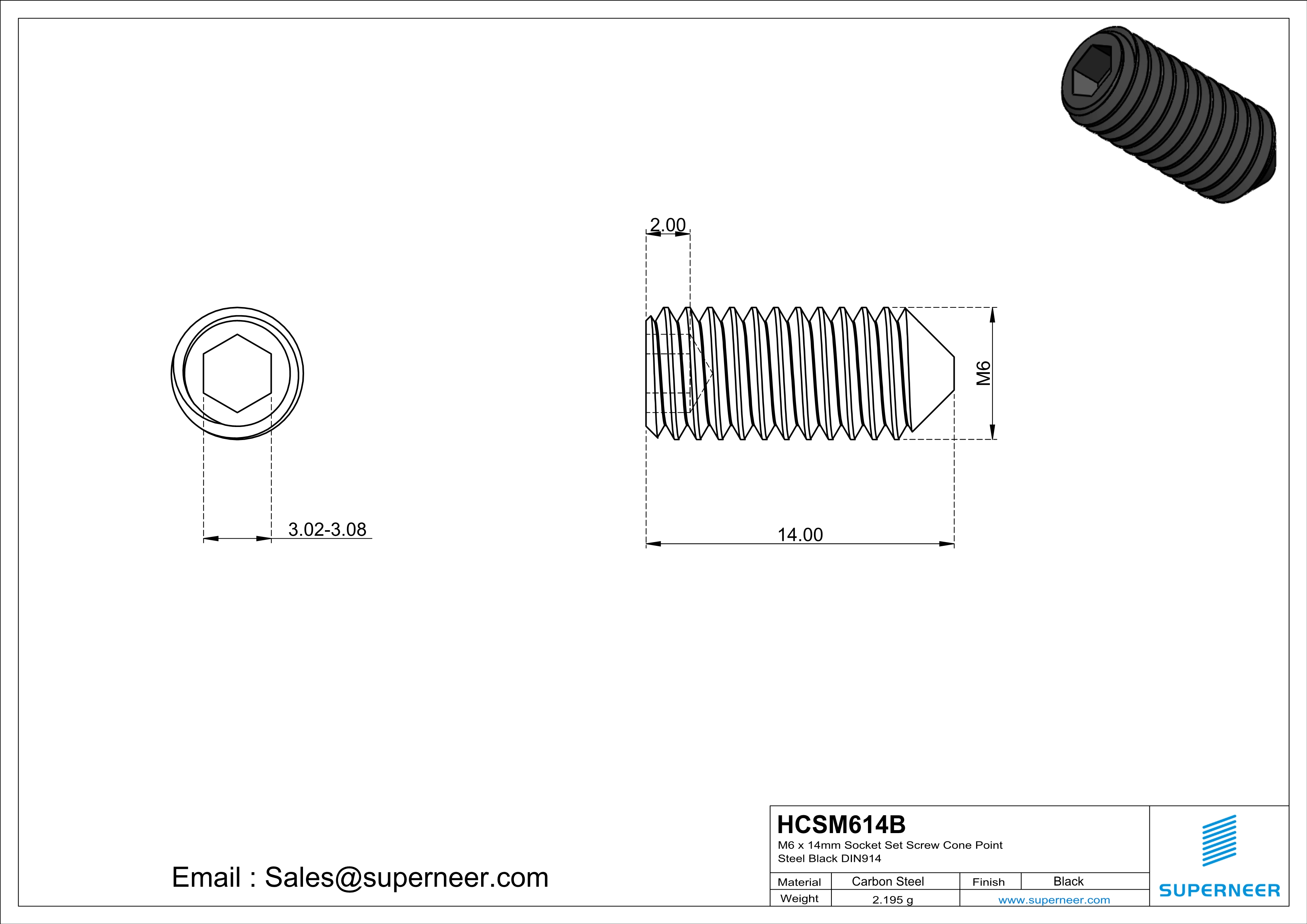 M6 x 14mm Socket Set Screw Cone Point Steel Black DIN914