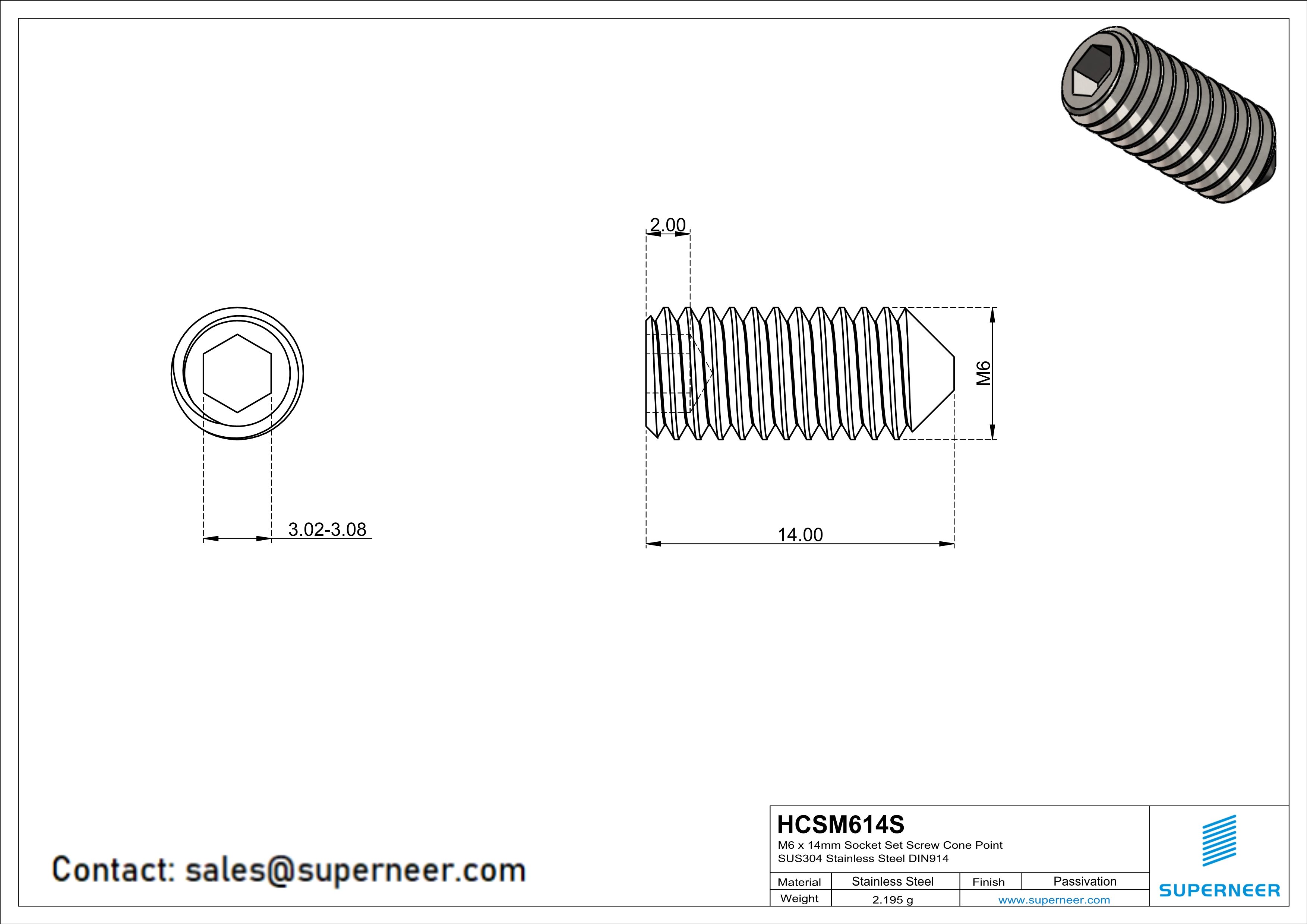 M6 x 14mm Socket Set Screw Cone Point SUS304 Stainless Steel Inox DIN914