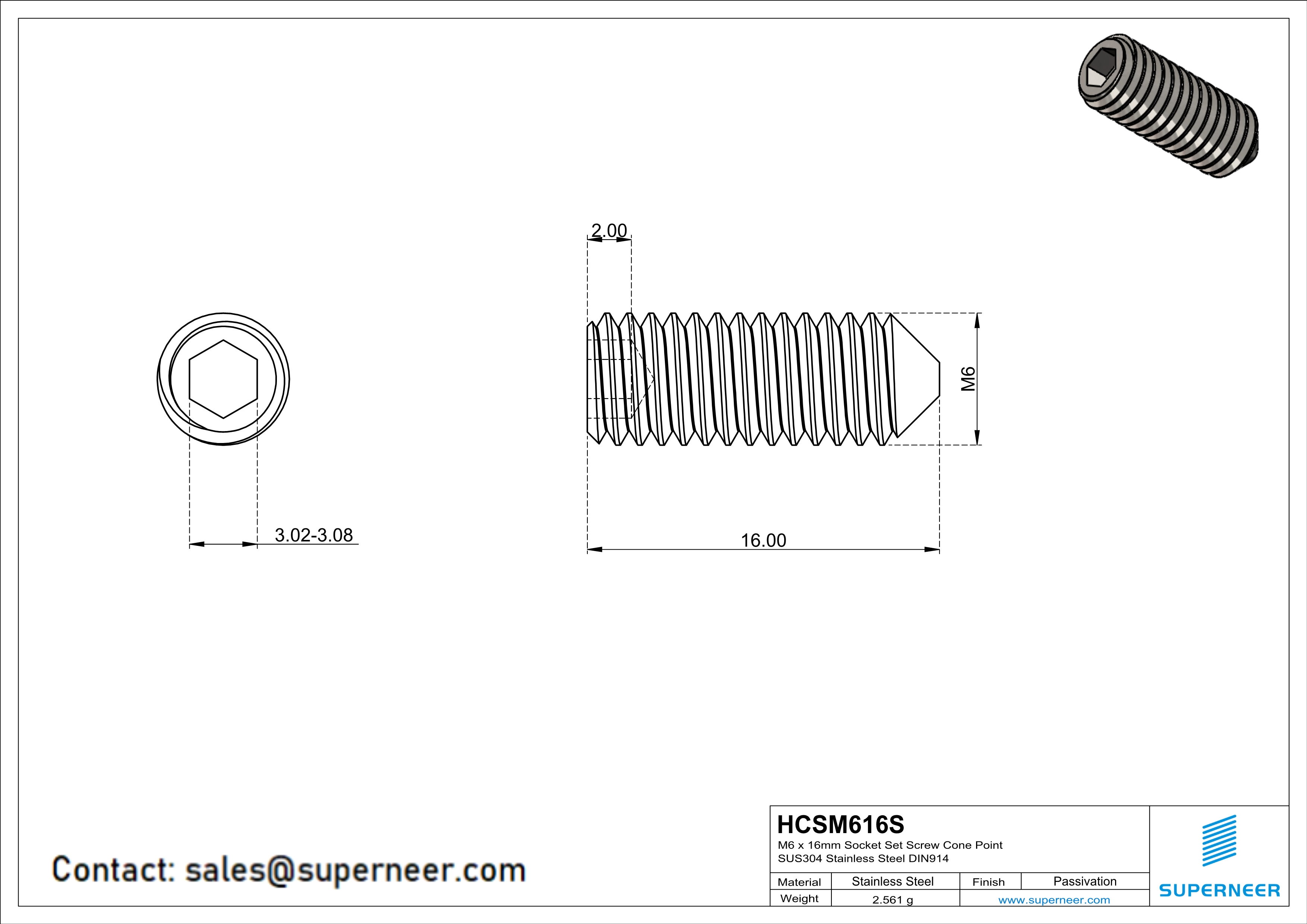 M6 x 16mm Socket Set Screw Cone Point SUS304 Stainless Steel Inox DIN914