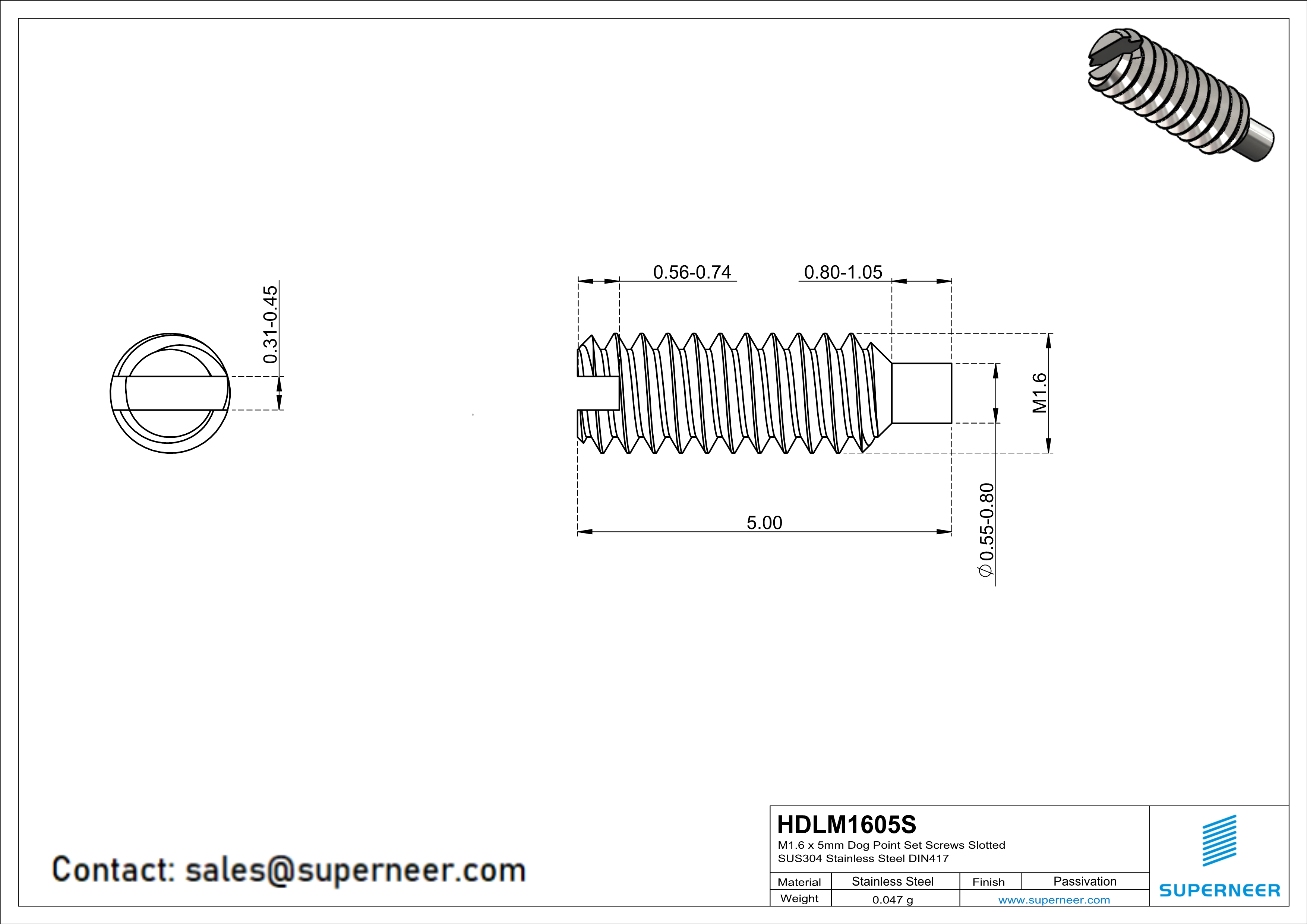 M1.6 x 5mm Dog Point Set Screws Slotted SUS304 Stainless Steel Inox DIN417