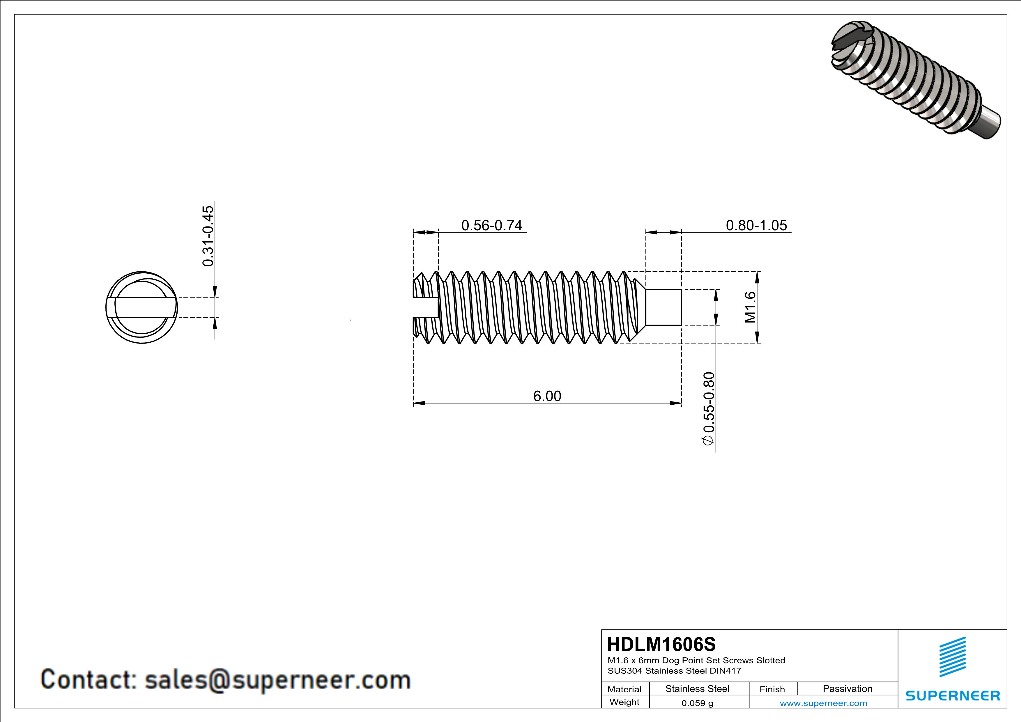 M1.6 x 6mm Dog Point Set Screws Slotted SUS304 Stainless Steel Inox DIN417