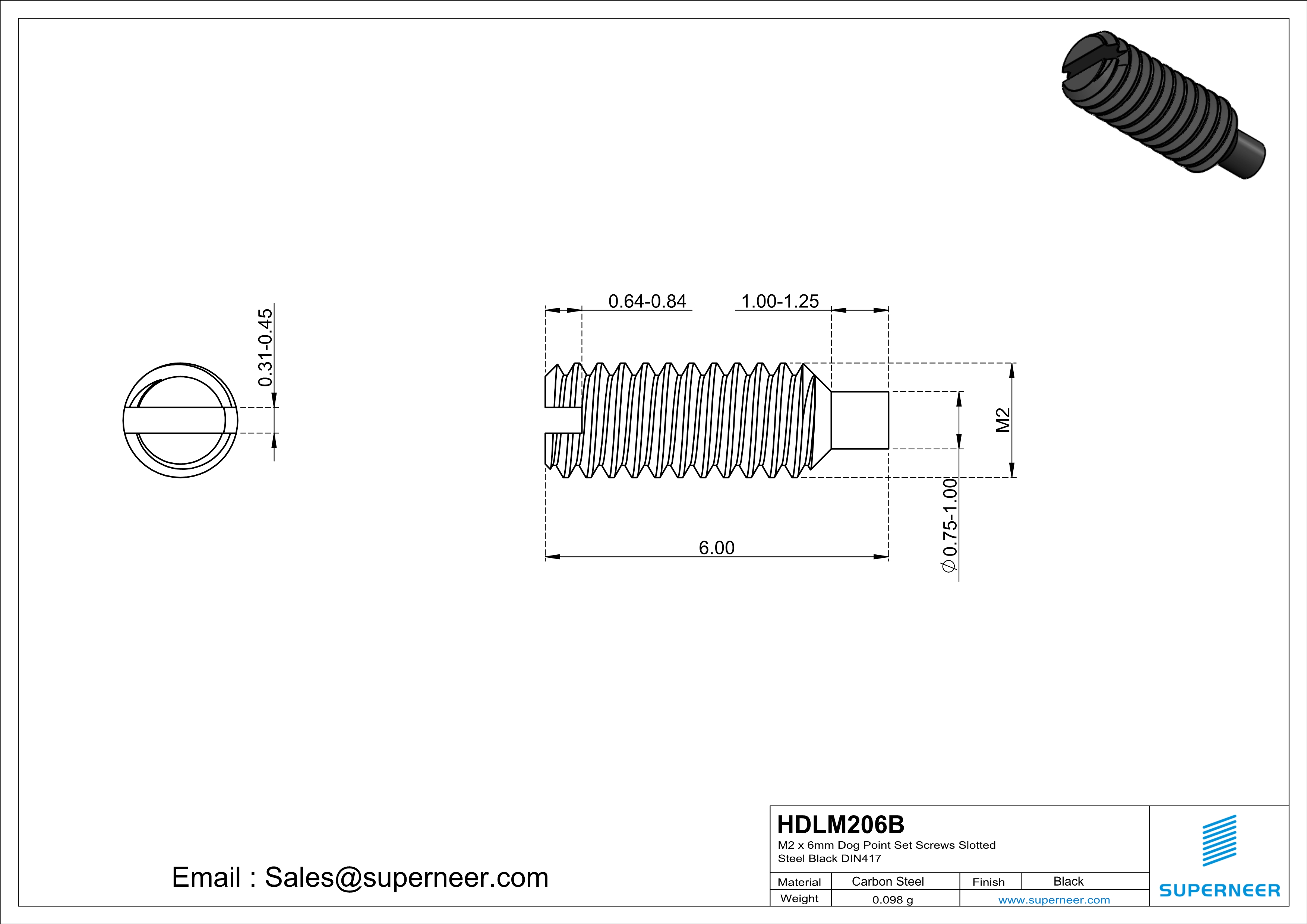 M2 x 6mm Dog Point Set Screws Slotted Steel Black DIN417