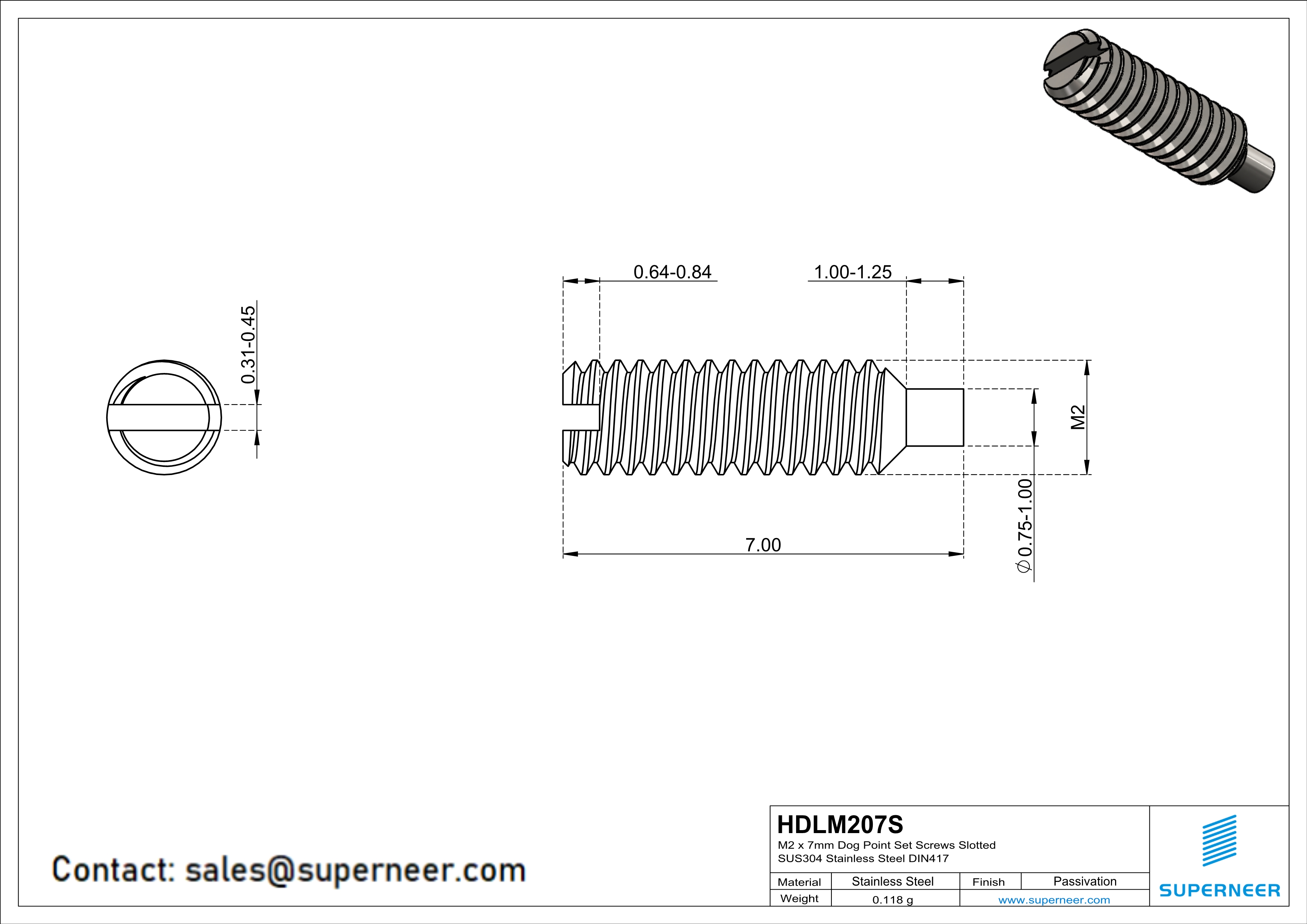 M2 x 7mm Dog Point Set Screws Slotted SUS304 Stainless Steel Inox DIN417