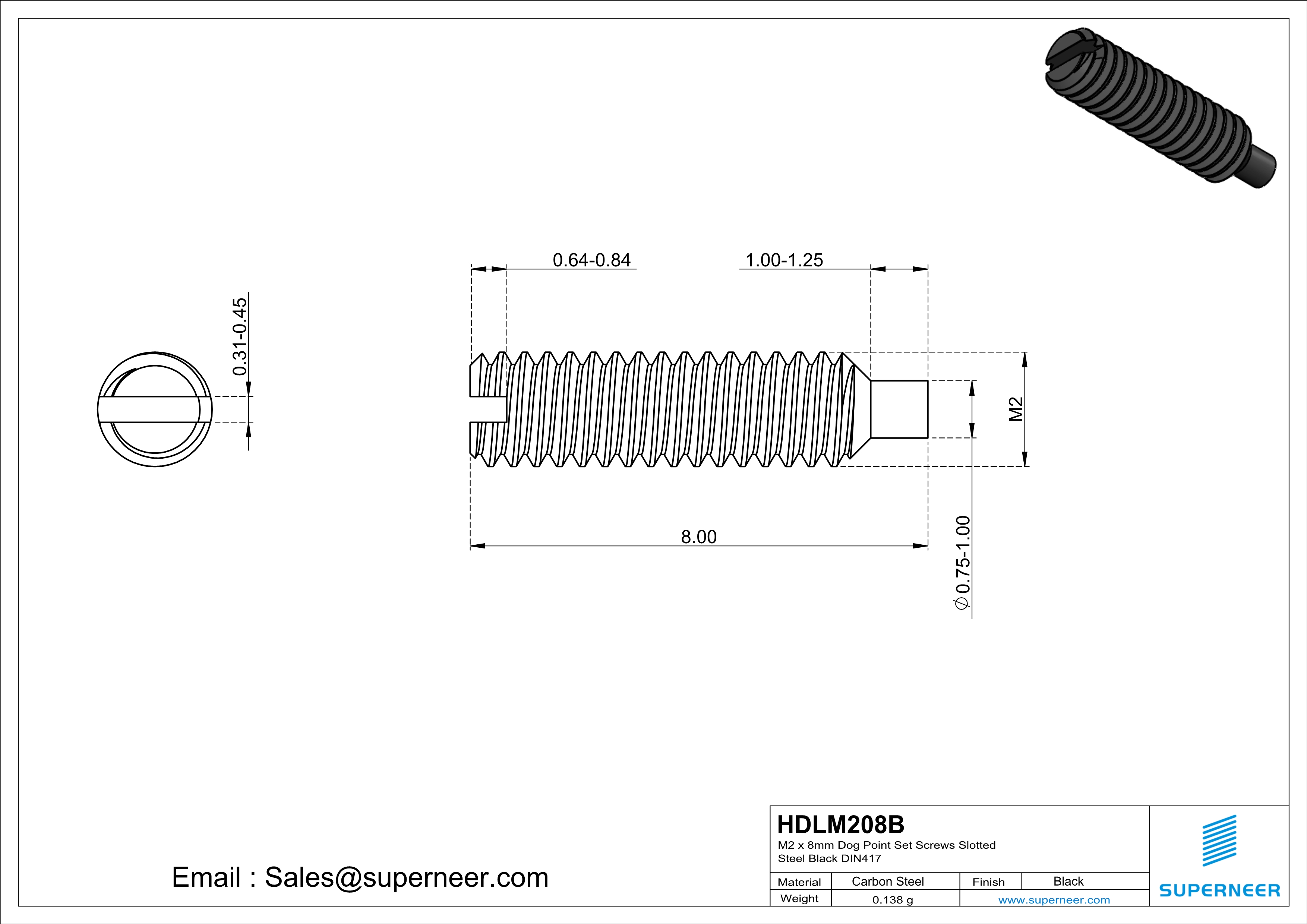 M2 x 8mm Dog Point Set Screws Slotted Steel Black DIN417