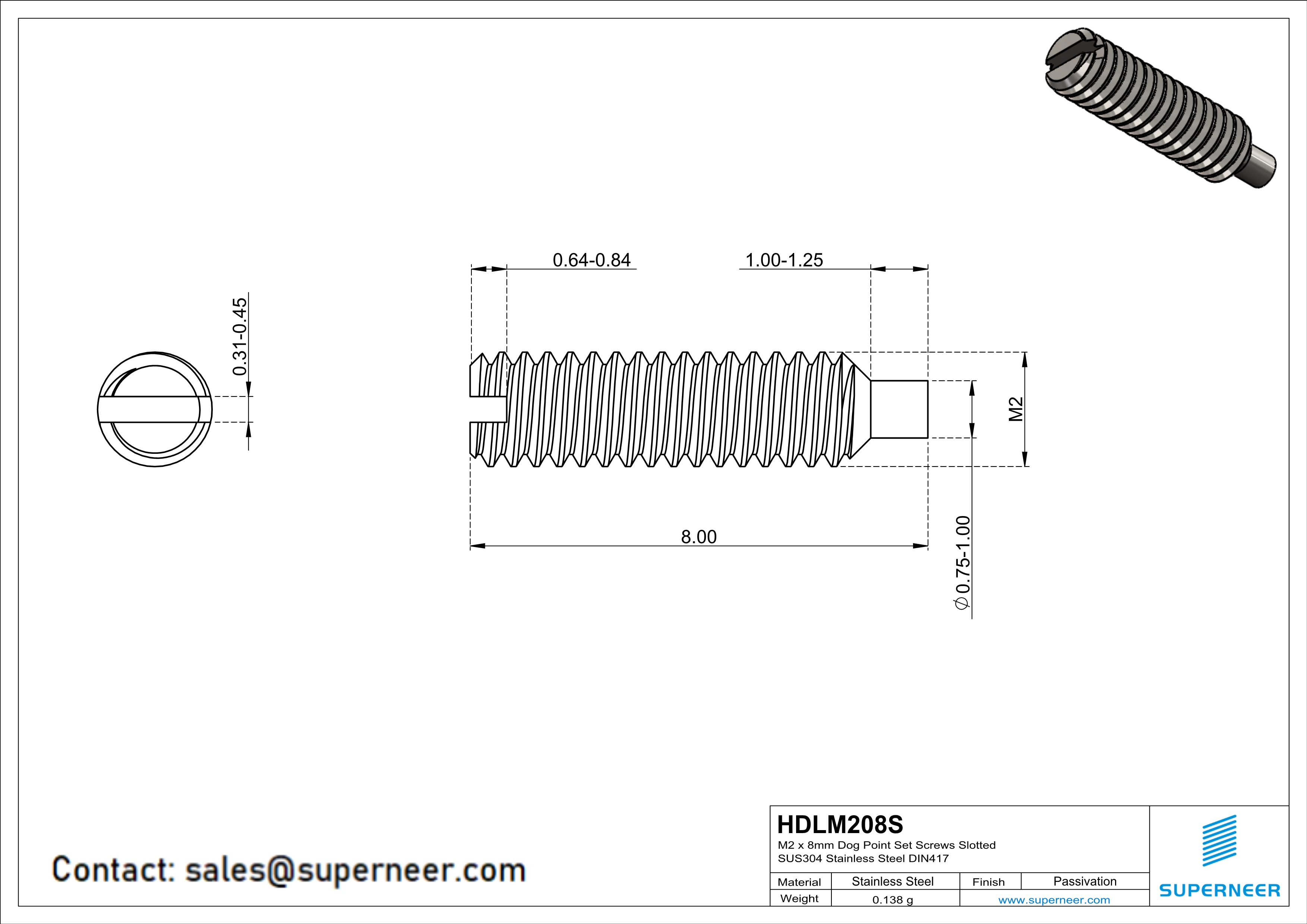 M2 x 8mm Dog Point Set Screws Slotted SUS304 Stainless Steel Inox DIN417