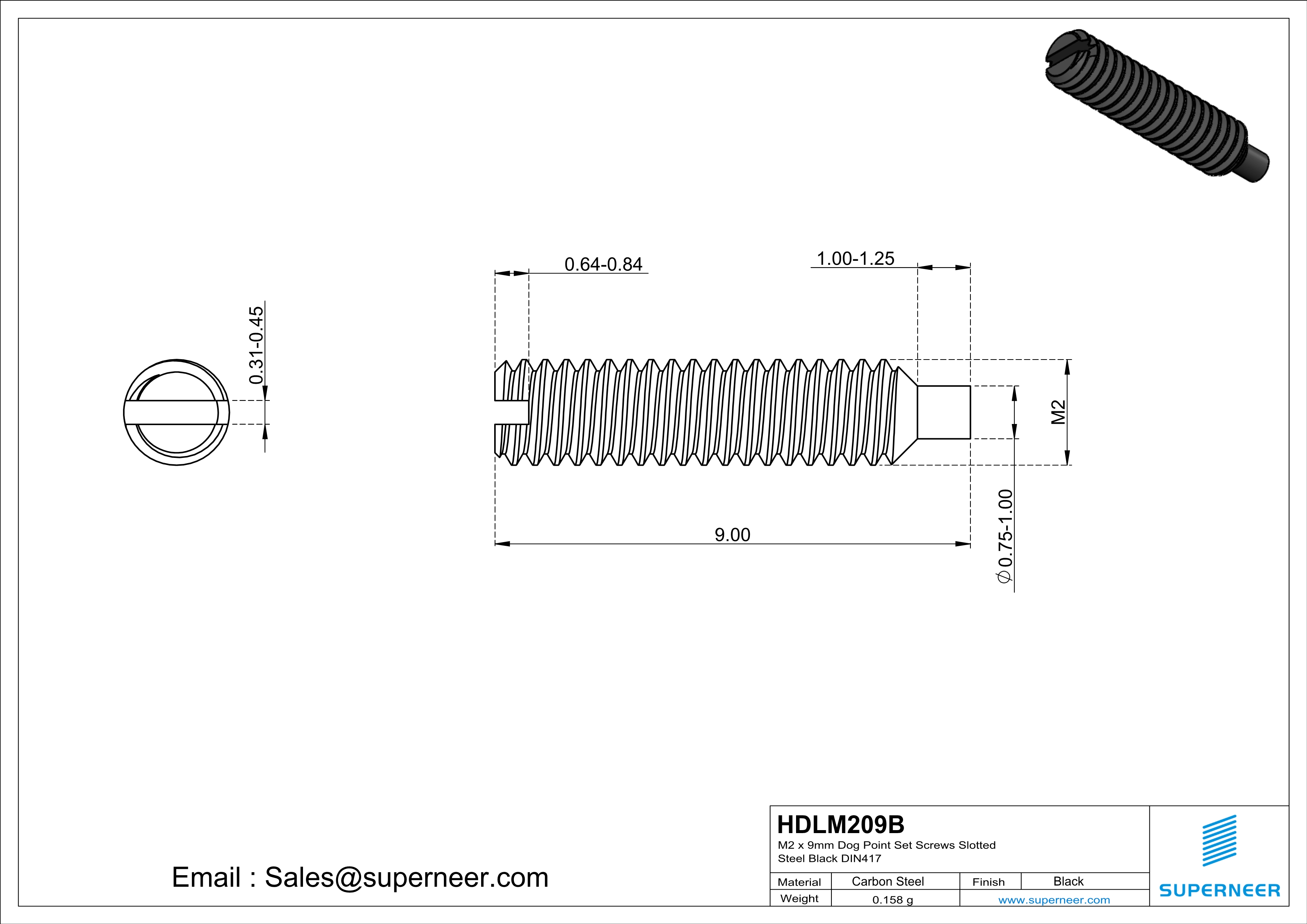 M2 x 9mm Dog Point Set Screws Slotted Steel Black DIN417