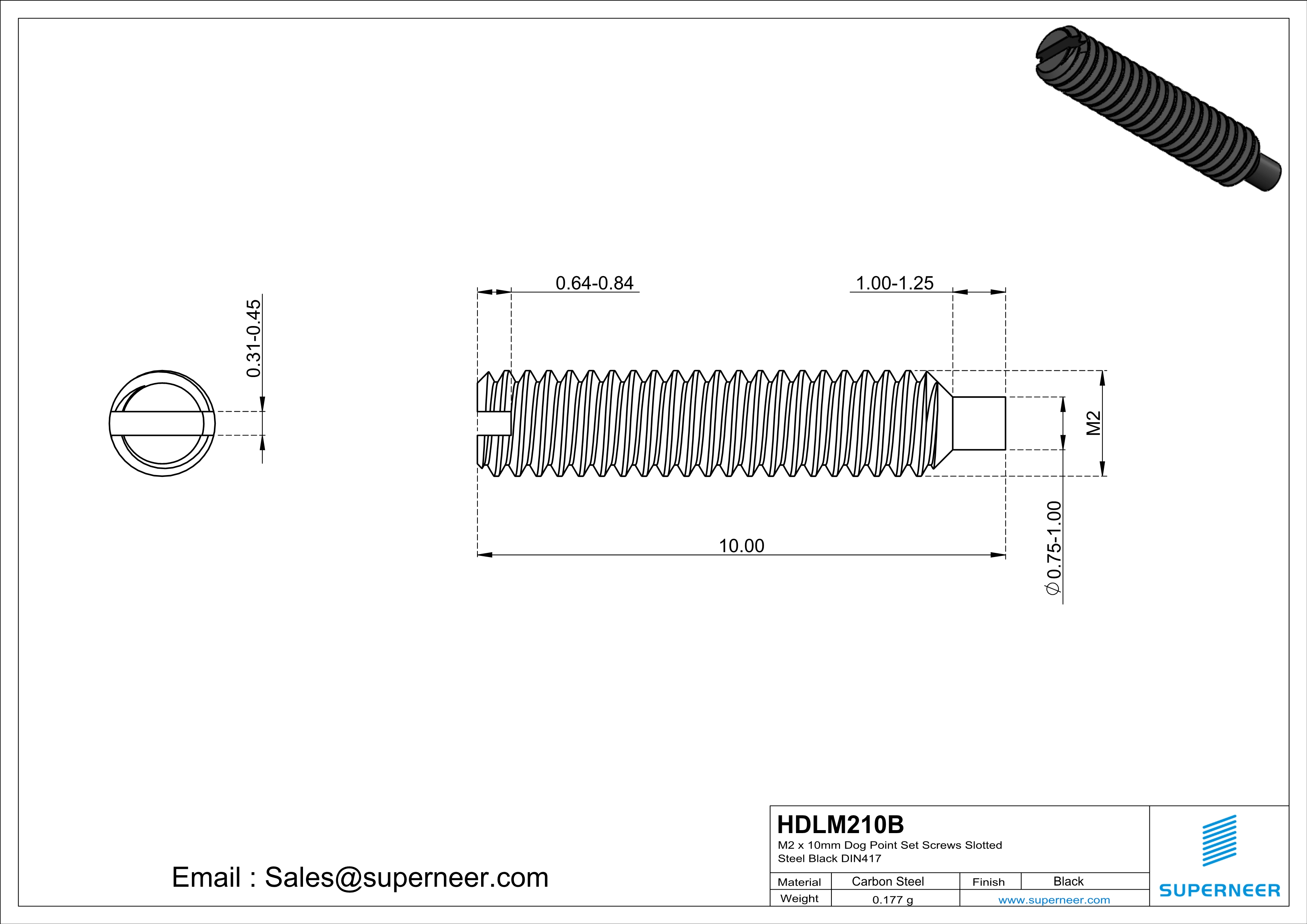 M2 x 10mm Dog Point Set Screws Slotted Steel Black DIN417