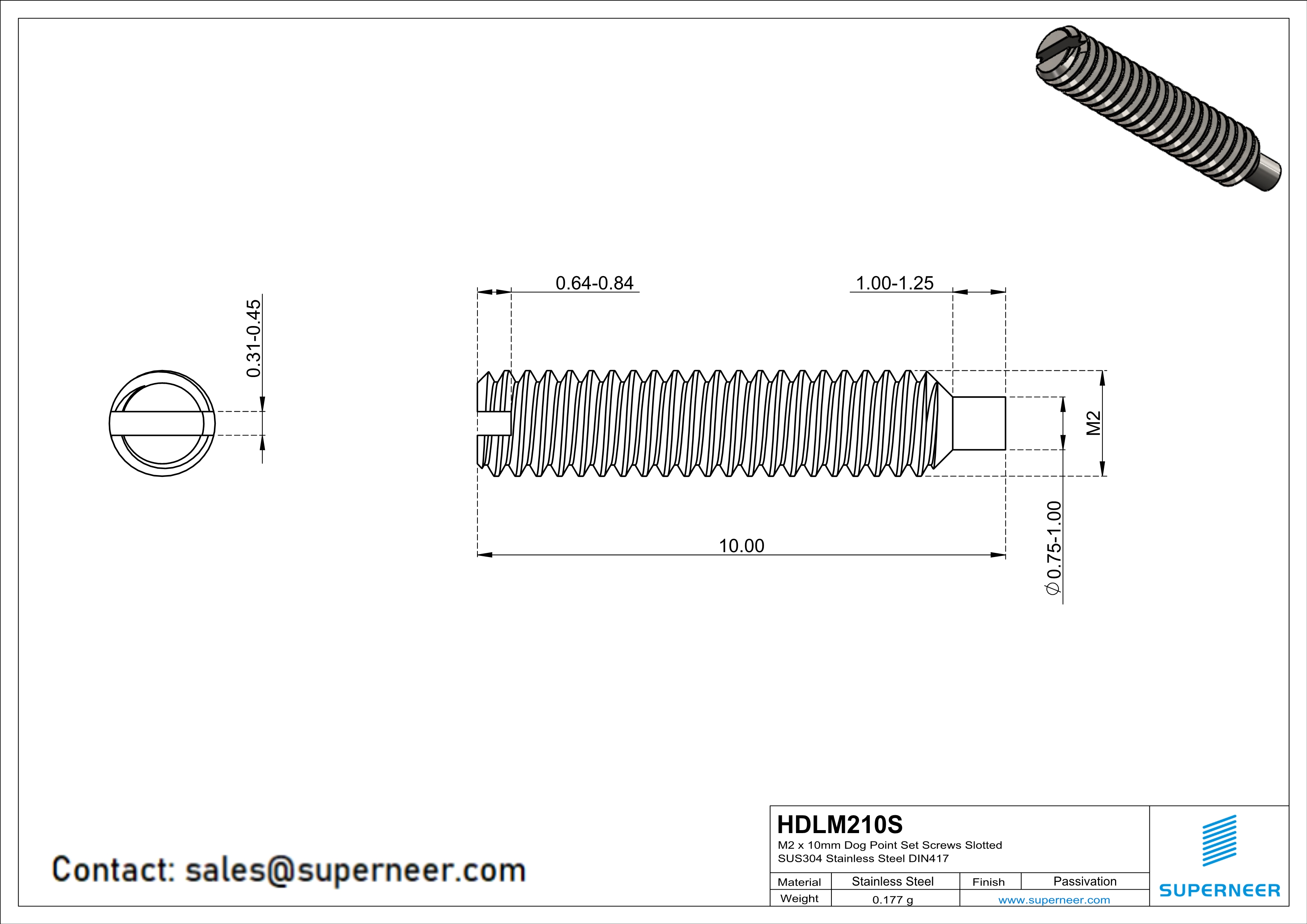 M2 x 10mm Dog Point Set Screws Slotted SUS304 Stainless Steel Inox DIN417